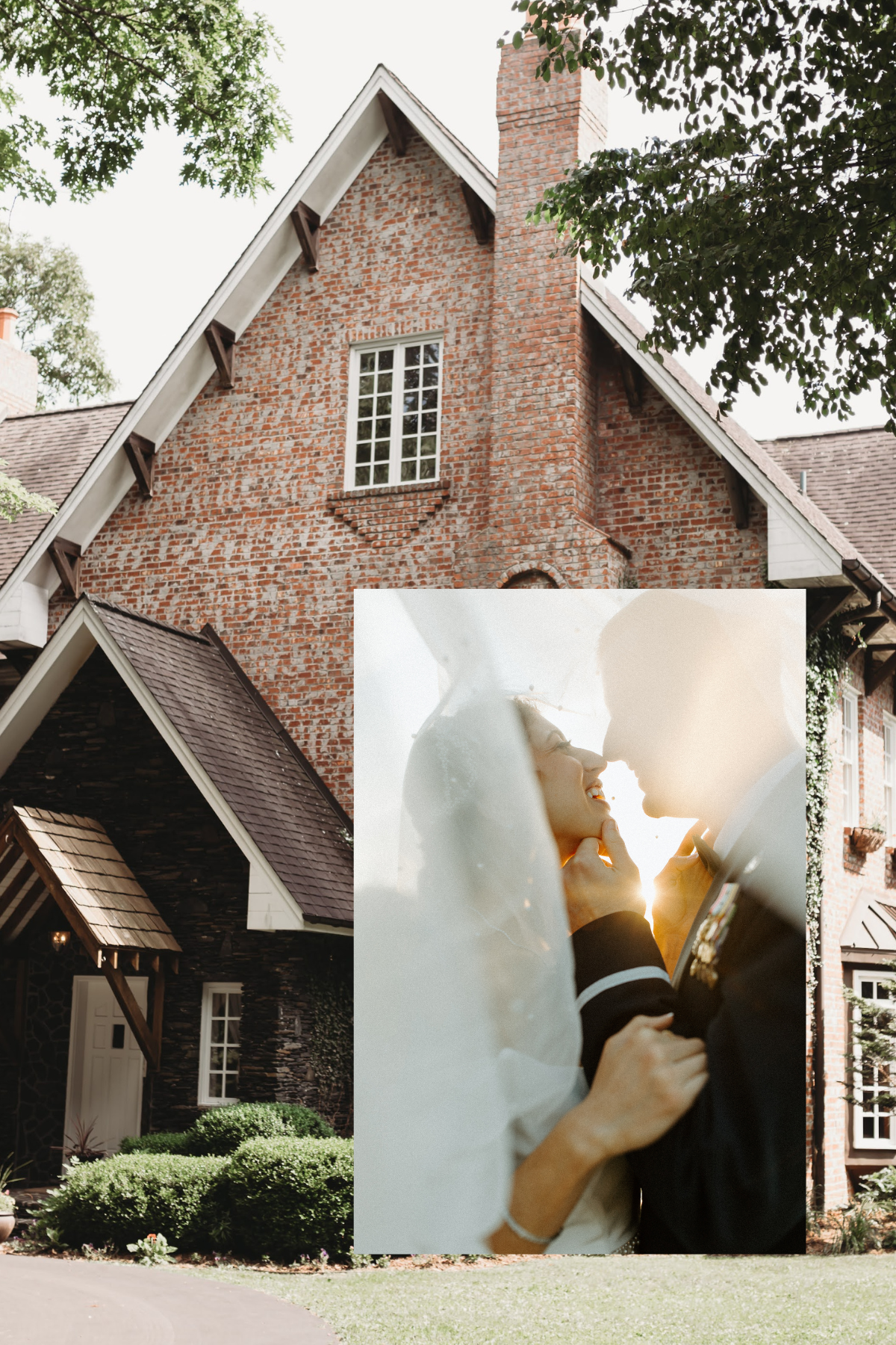 Brick gabled wedding venue exterior with a close-up overlay of a couple kissing under a veil at golden hour.