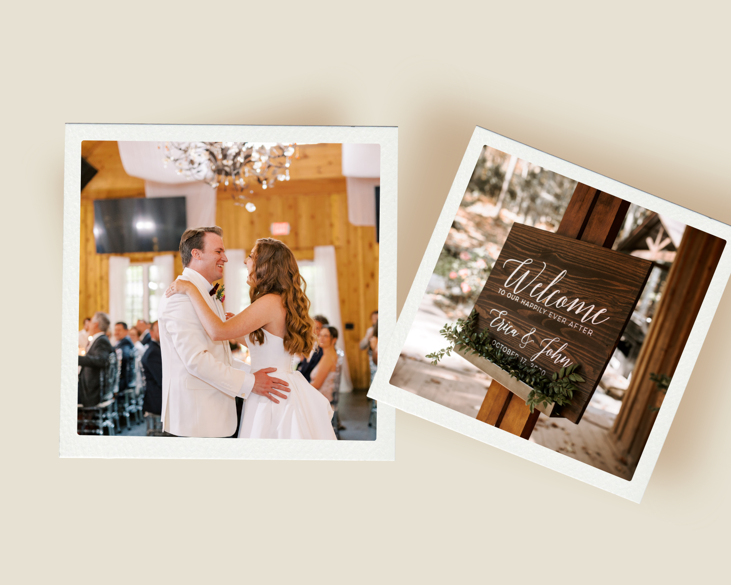 Bride and groom sharing their first dance inside a wooden reception venue with chandeliers