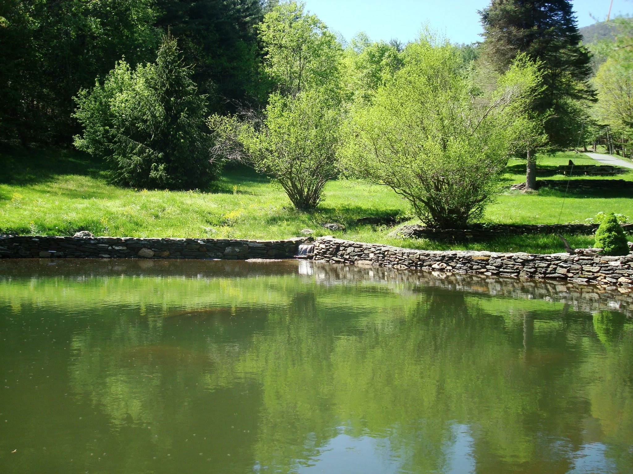Quiet pond at a wedding venue with a stone retaining wall and bright spring greenery