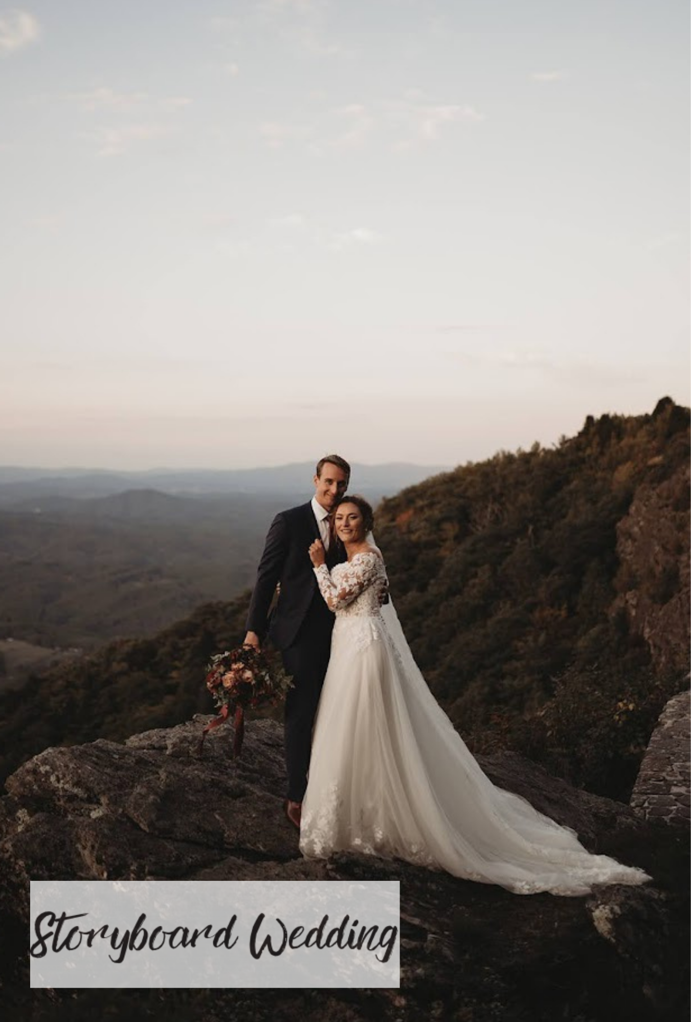 Kate and Joe wedding video cover featuring the couple standing on a mountain cliff at sunset with the bride’s long train behind her.