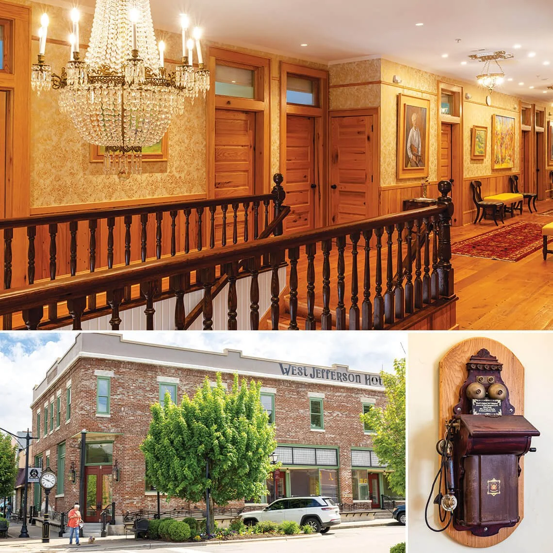 Upstairs landing with a large crystal chandelier, wooden railings, and guestroom doors along the corridor.