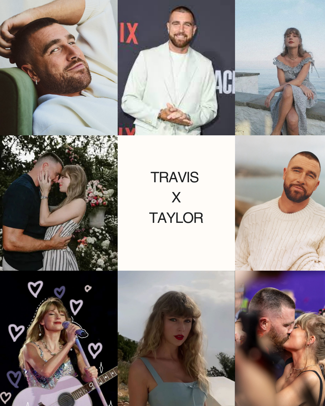 Fan-made collage grid with multiple photos and the text “TRAVIS X TAYLOR” in the center