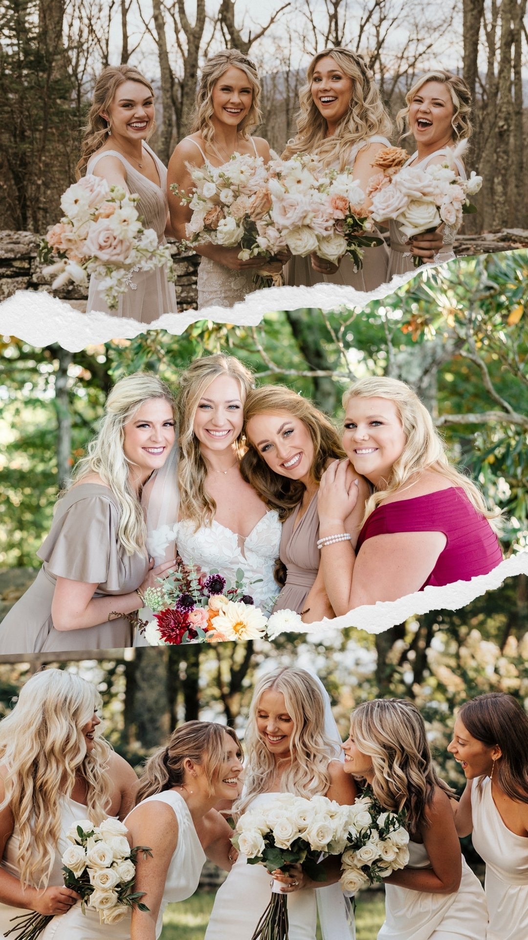 Three-photo collage of bridesmaids outdoors, smiling and holding white floral bouquets with the bride.