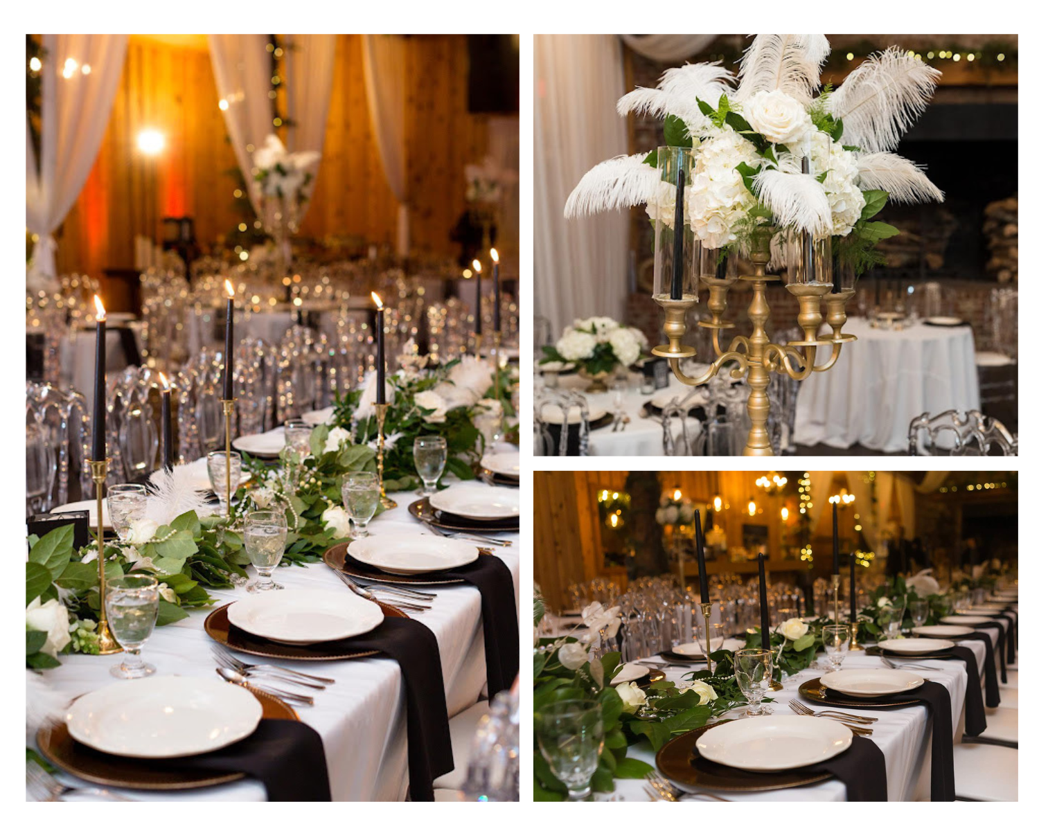 Elegant wedding reception table with white linens, greenery garland, and tall black candles