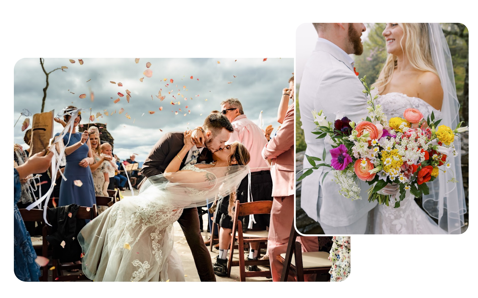 A collage of two wedding photos: one of a groom dipping and kissing his bride as rose petals fall, and another of a bride holding a colorful bouquet and smiling at her groom.