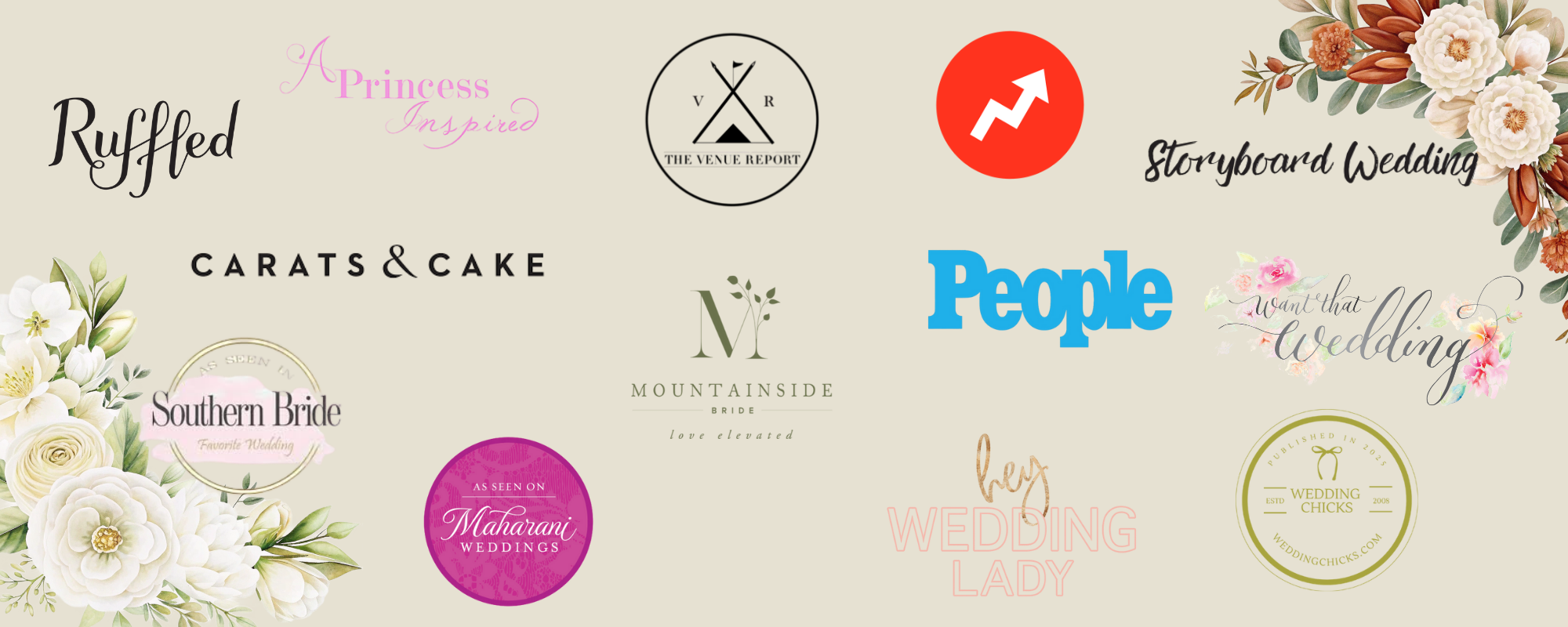 Collage of wedding and lifestyle publication logos featuring Ruffled, People, Carats & Cake, and others, highlighting press mentions.