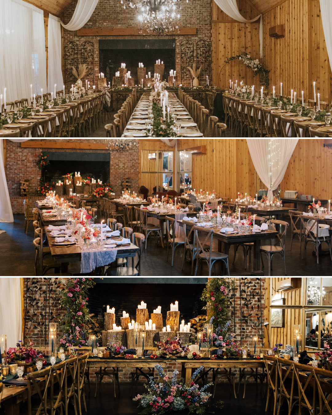 Collage of a rustic barn wedding reception with long tables, candlelight, and floral installations.