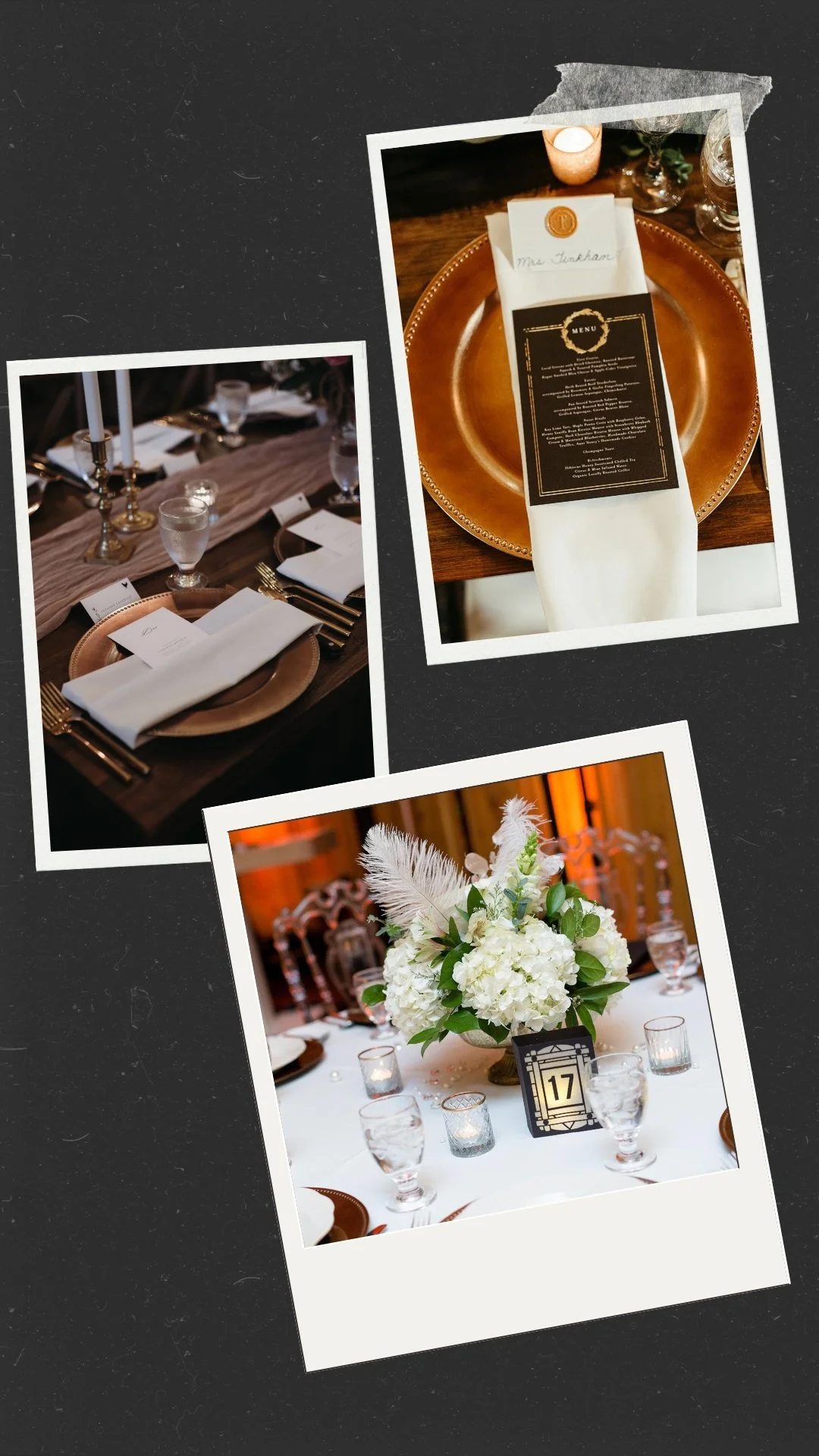Three-photo collage of reception details including a place setting with a menu card and a white floral centerpiece.