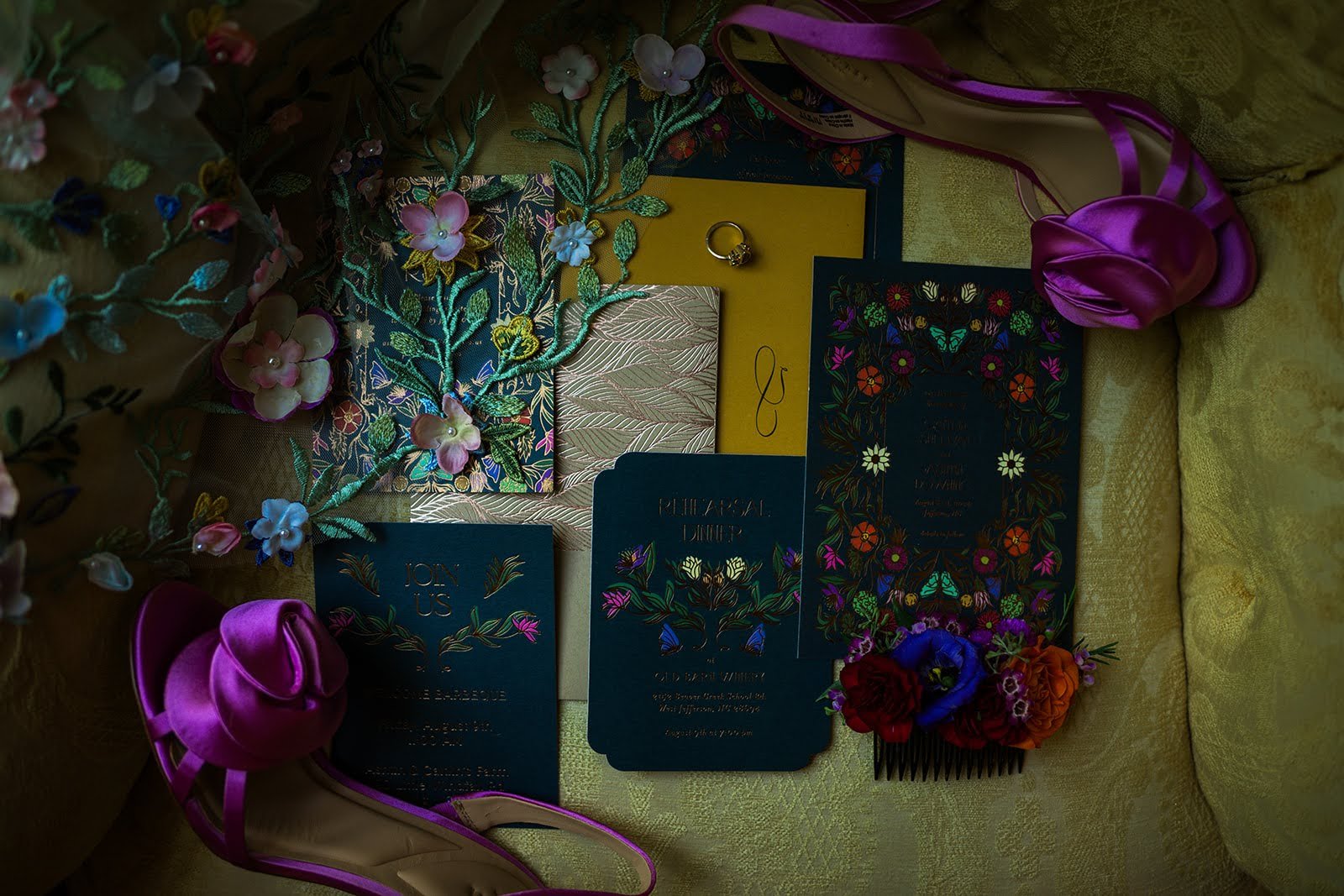 wedding-invitation-suite-floral-embroidery-purple-heels