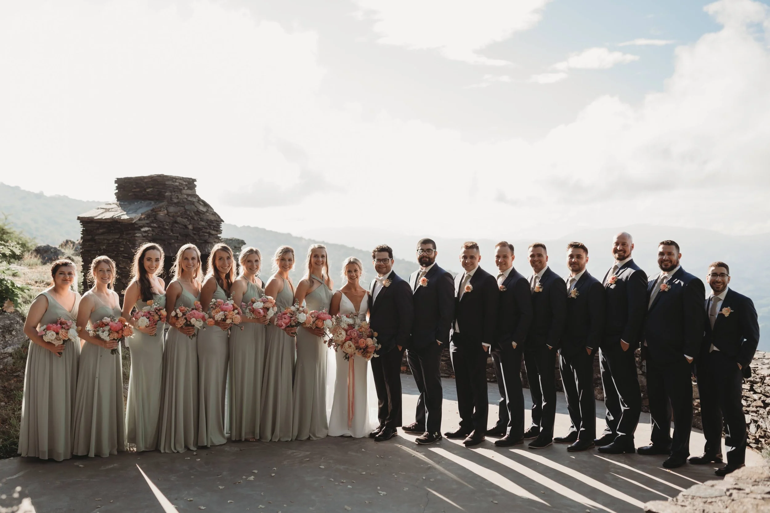 Bride and groom posing with their wedding party at a mountain overlook with sage bridesmaid dresses and black groomsmen suits.