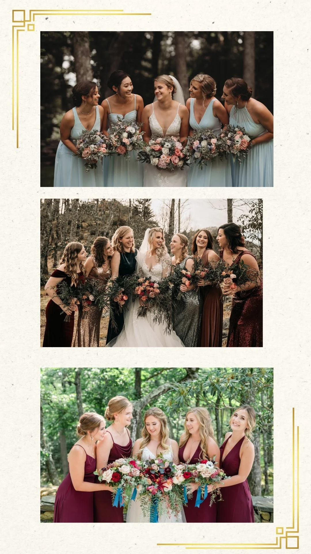 Collage featuring three bridesmaid group portraits with the bride, each holding bouquets and smiling outdoors.