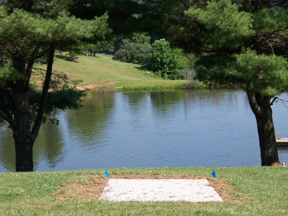 Small pond with calm water reflecting trees on a sunny day