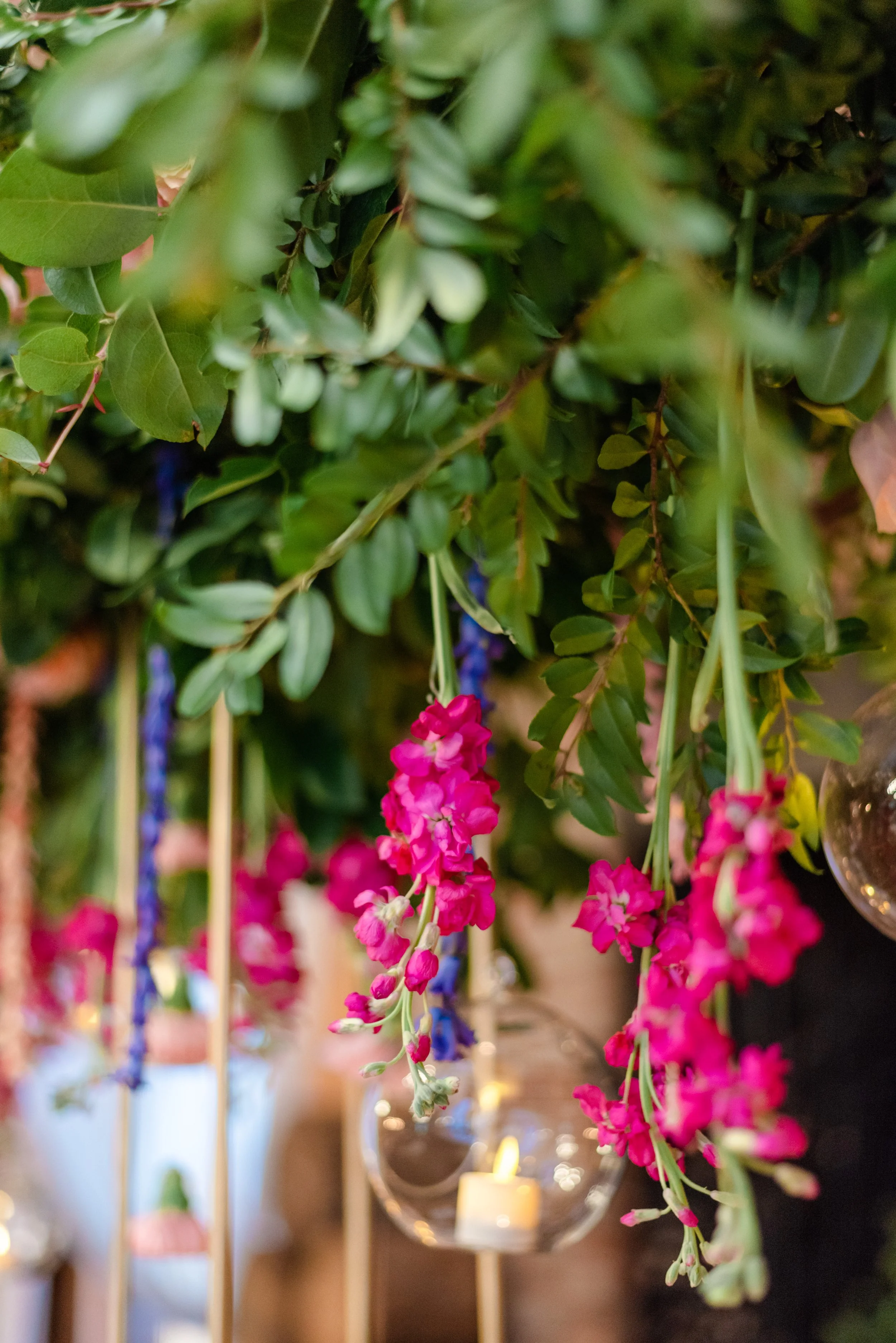 Close-up of cascading fuchsia flowers and lush greenery with suspended glass orbs holding tea light candles.