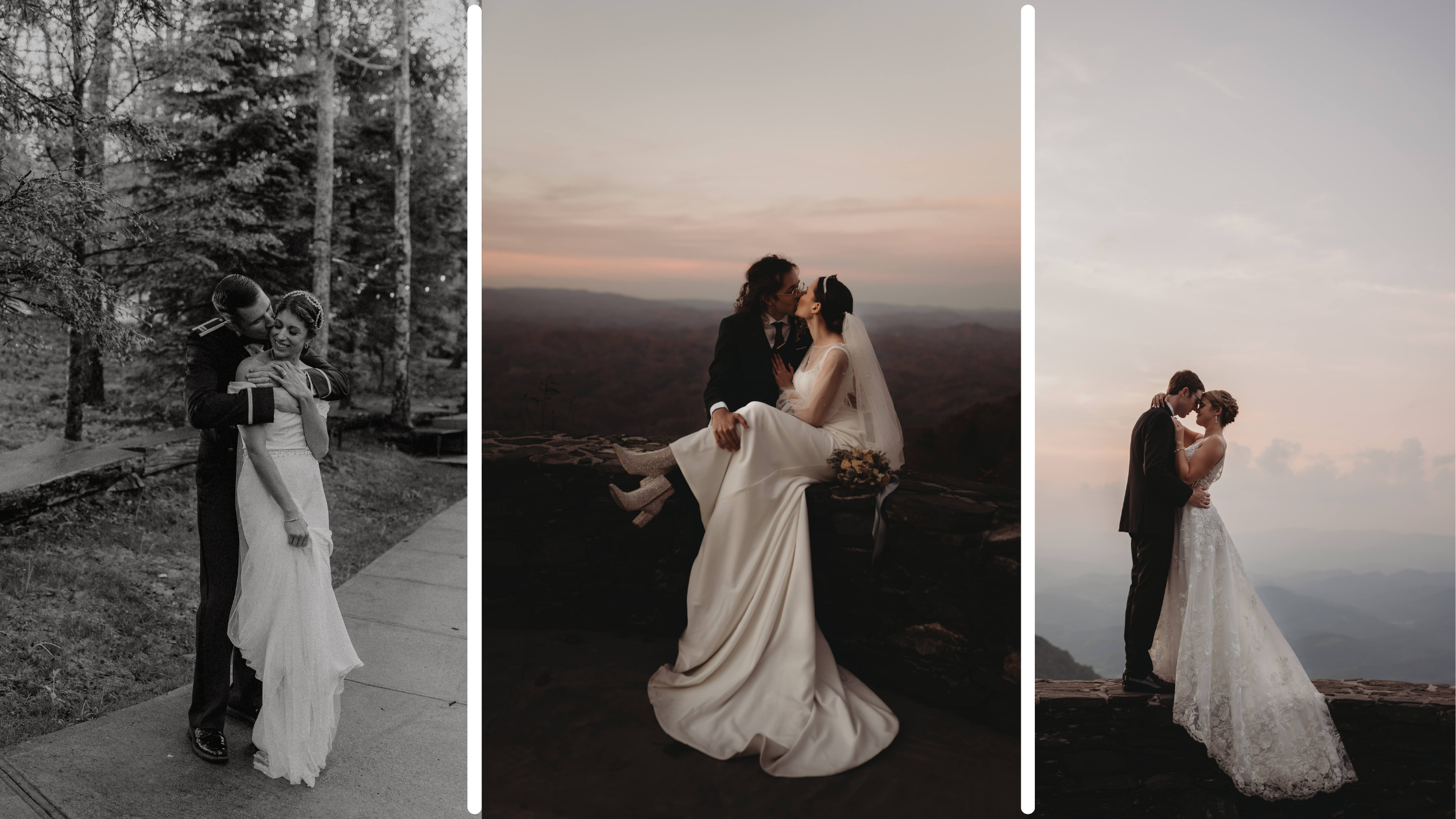 Triptych of wedding portraits including a black-and-white embrace and two sunset mountain kiss photos