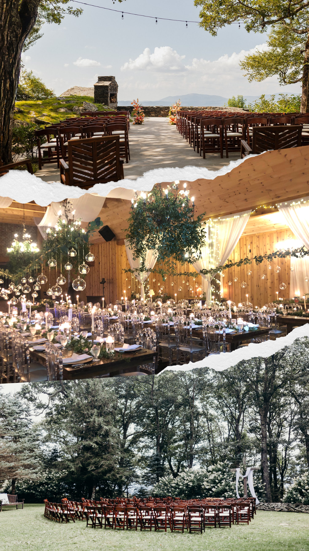 Collage showing an outdoor ceremony setup with rows of chairs, a candlelit reception with hanging greenery, and a circular outdoor ceremony seating layout.
