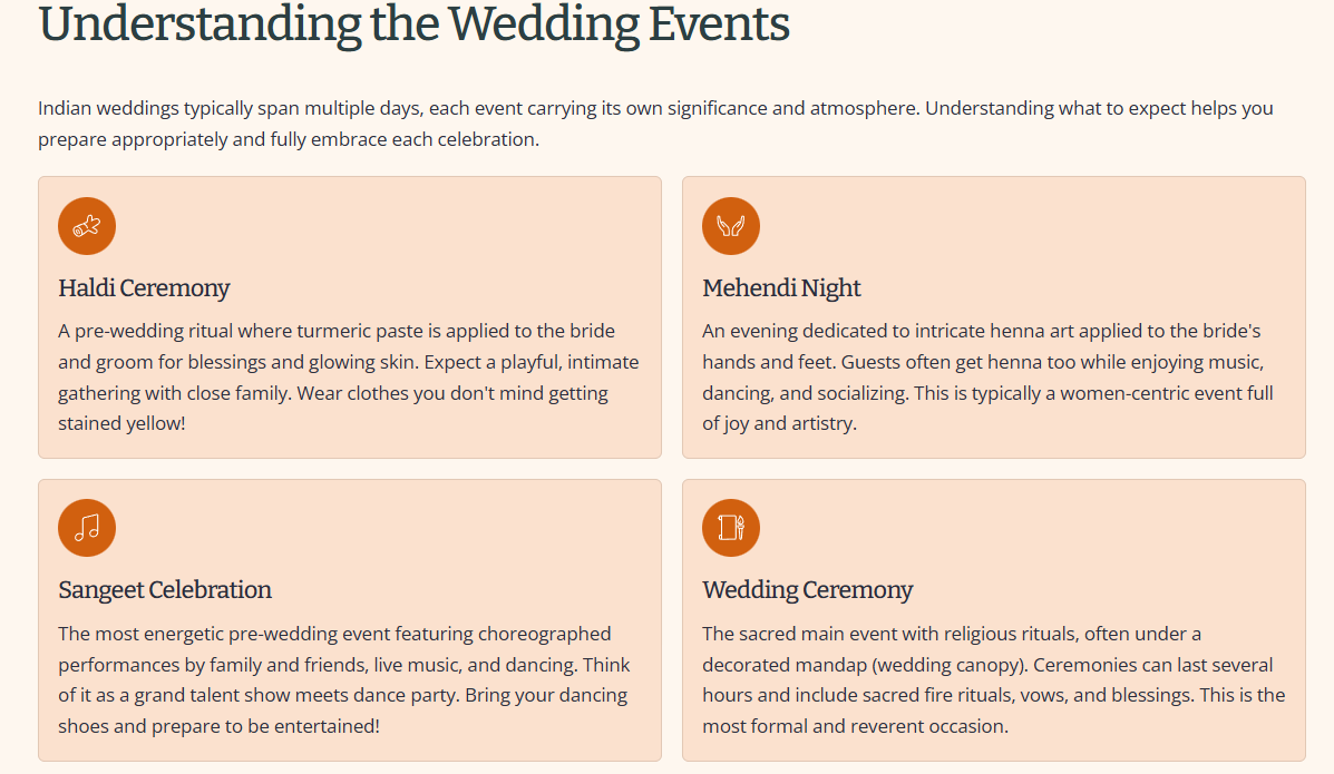 Webpage section titled “Understanding the Wedding Events” with cards for Haldi Ceremony, Mehendi Night, Sangeet Celebration, and Wedding Ceremony.
