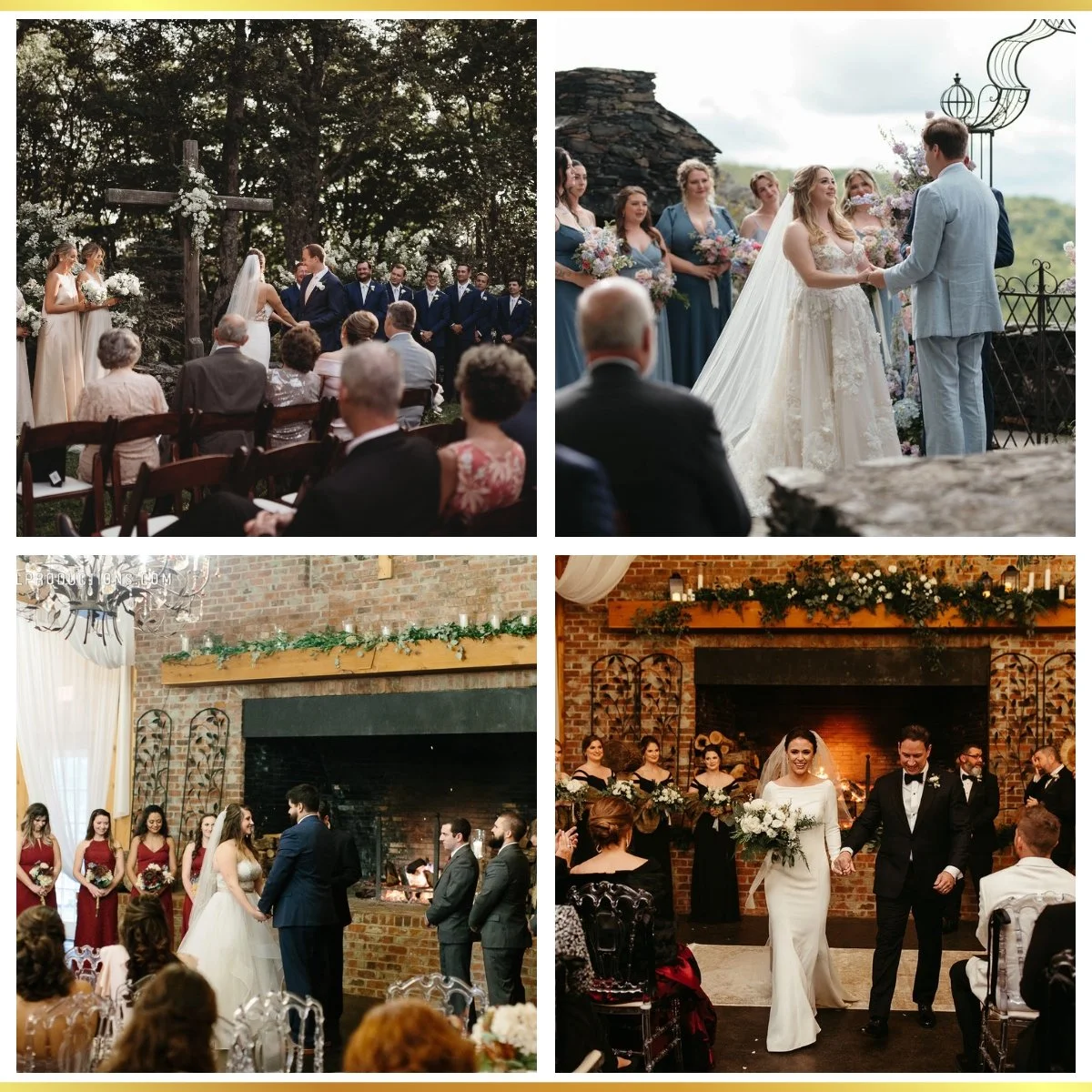 Four-photo collage showing outdoor and indoor wedding ceremony moments, including vows and the couple walking back down the aisle.