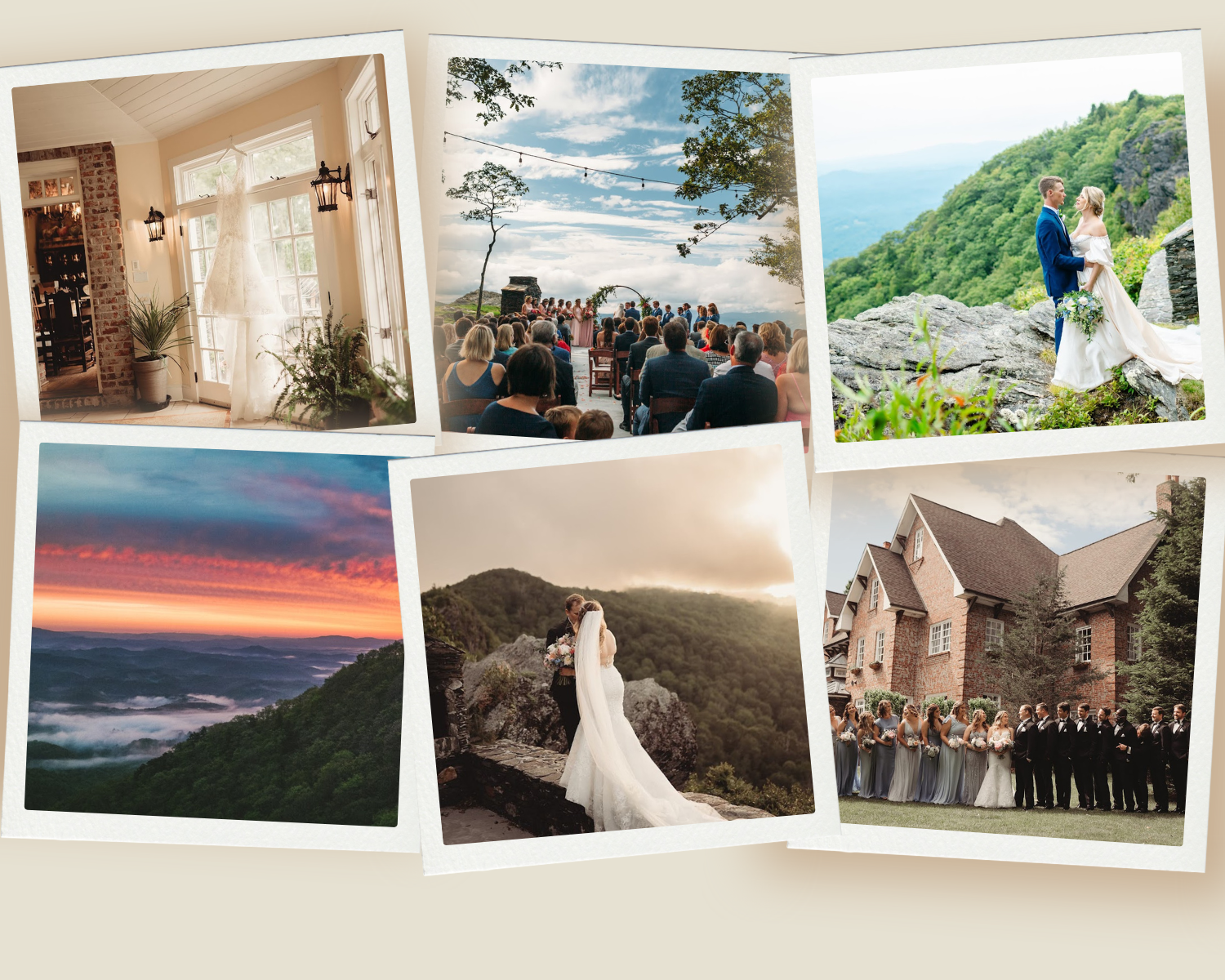 Wedding photo collage featuring a mountaintop ceremony, couple portraits, sunset mountain views, and a brick estate venue