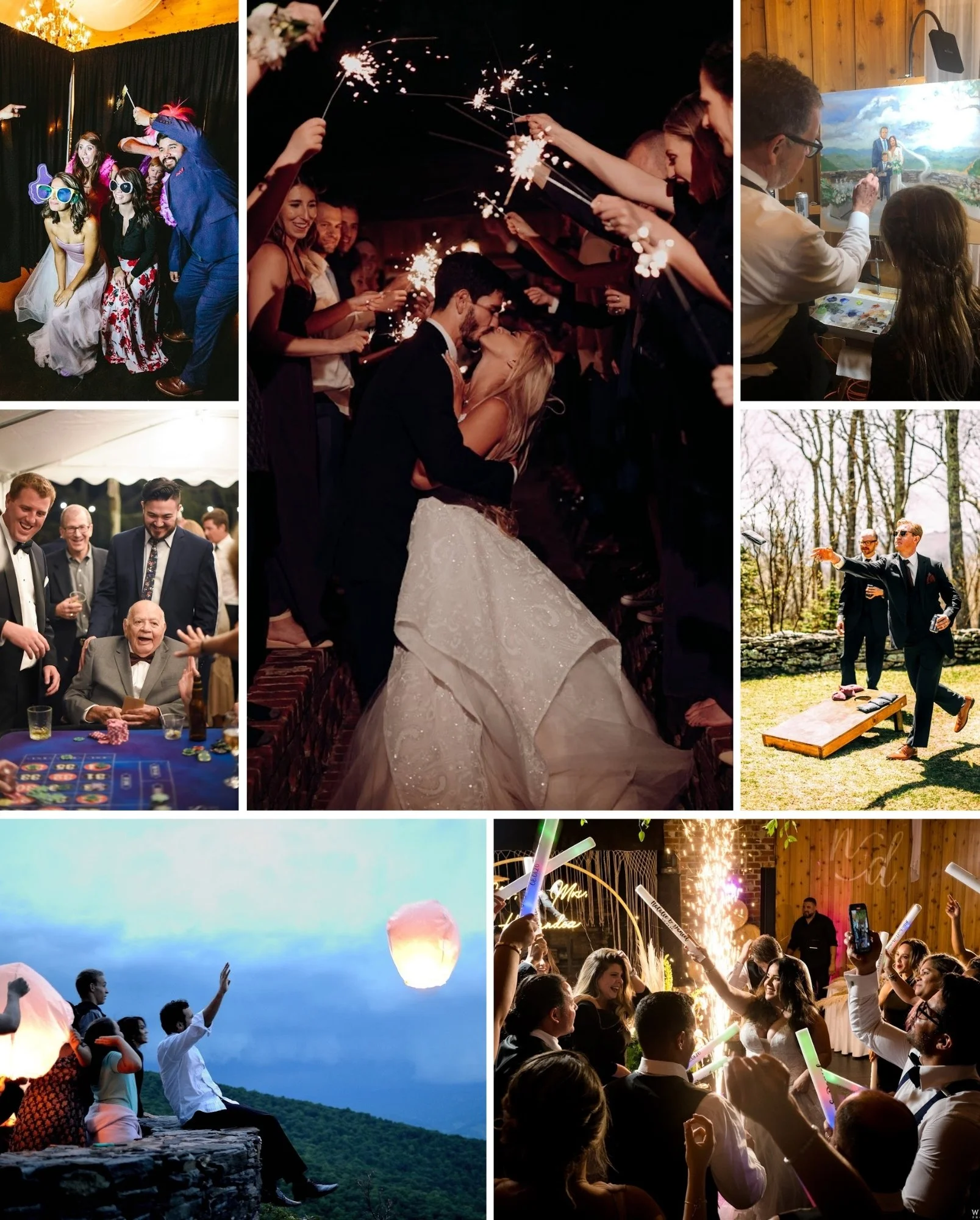 Wedding reception moments collage including sparkler exit, dancing, games, and celebrations