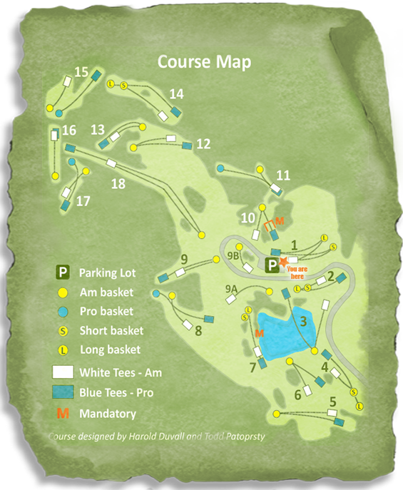 Disc golf course map showing hole layout, parking, tees, and basket locations.