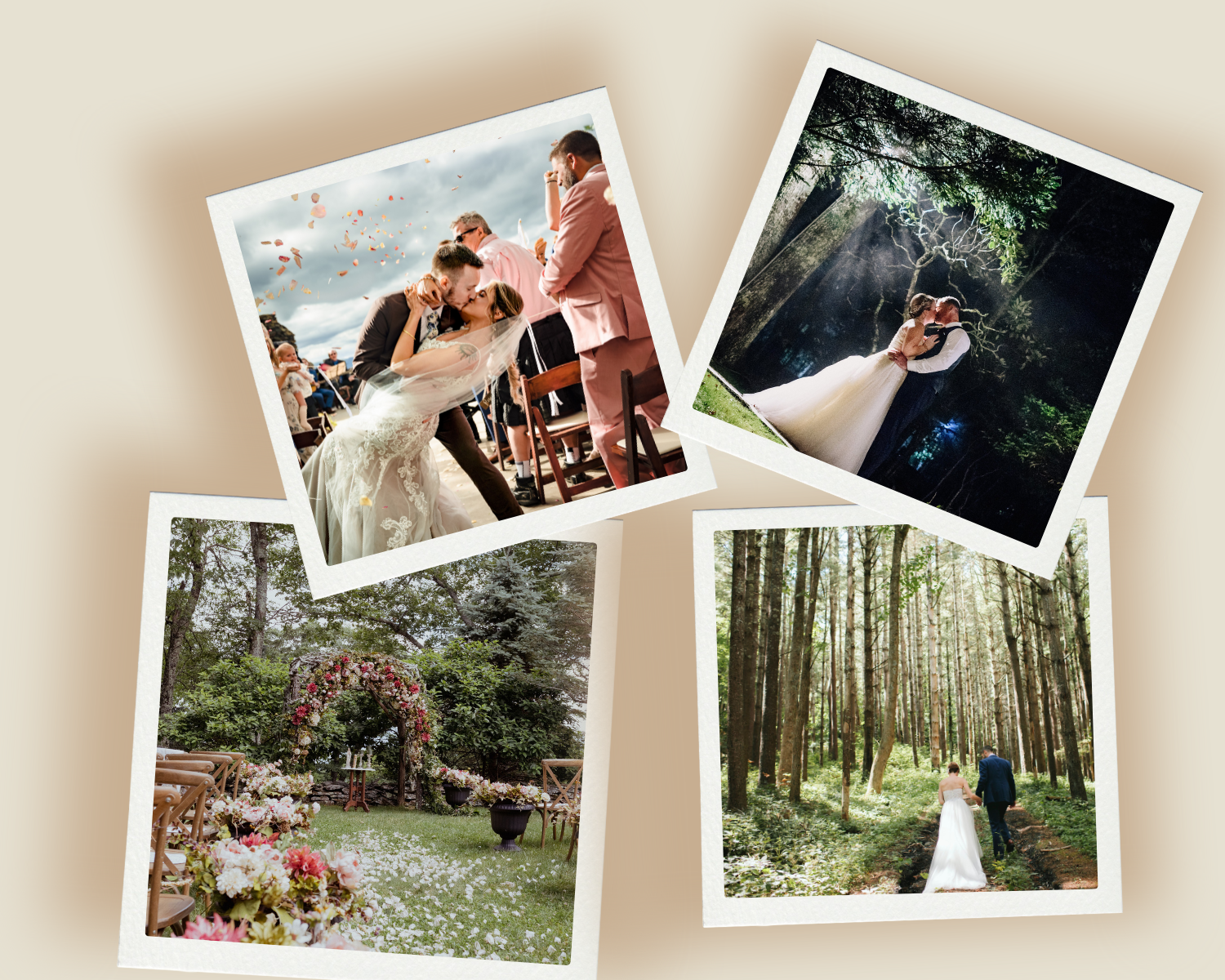 Wedding photo collage featuring an outdoor ceremony kiss, garden floral arch, forest couple portrait, and wooded path