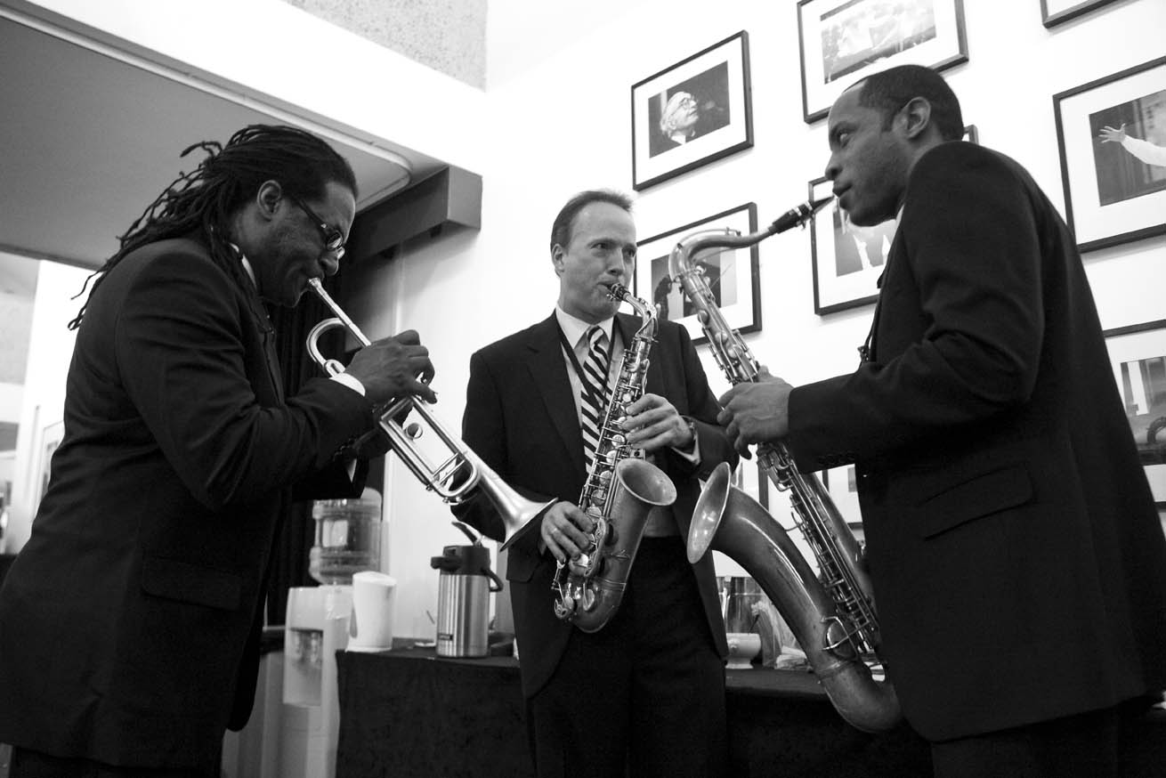 Members of The Jazz at Lincoln Centre Orchestra backstage at the Barbican