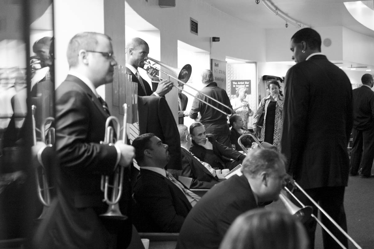 Members of The Jazz at Lincoln Centre Orchestra backstage at the Barbican