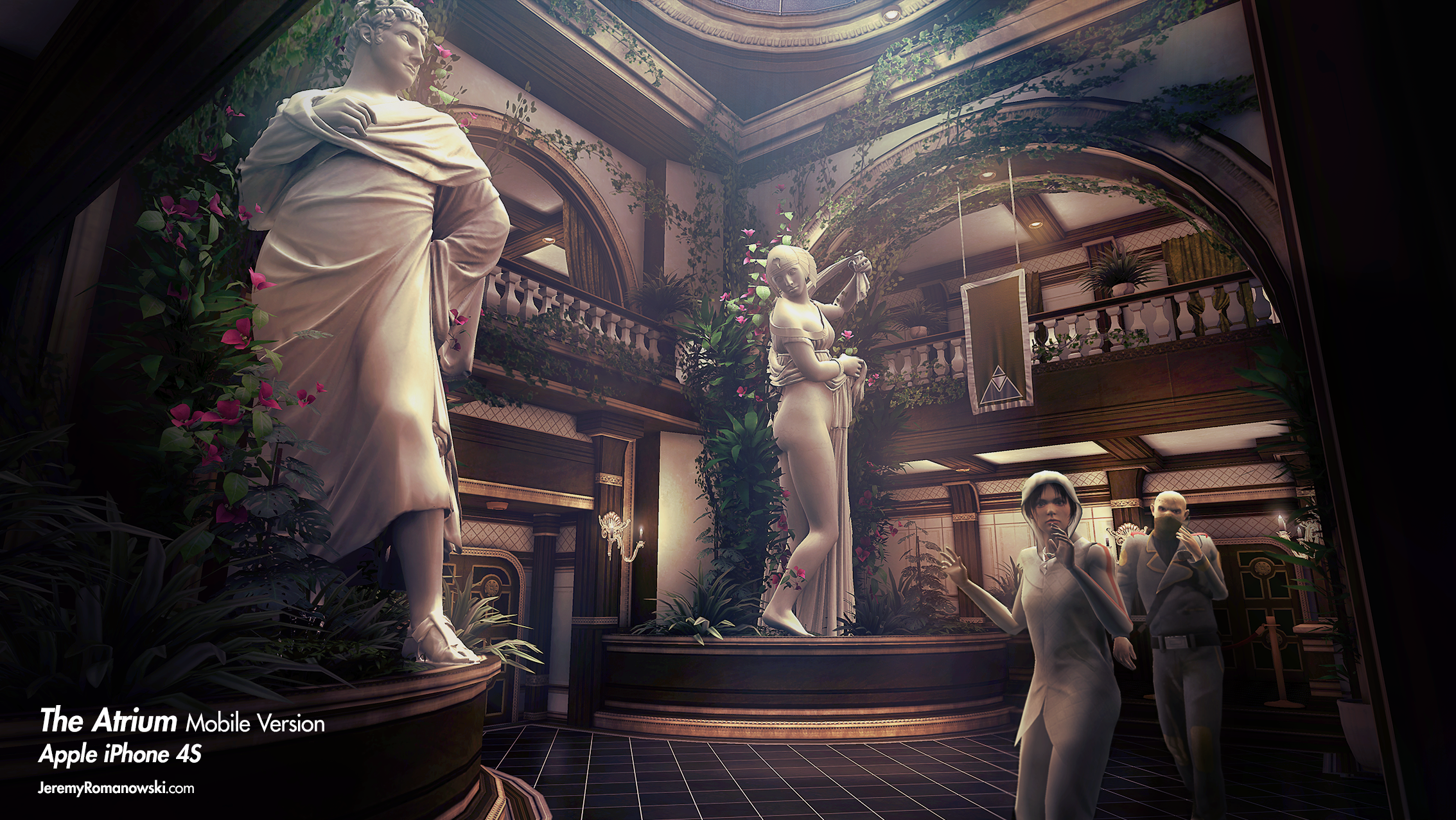 The mobile version of The Atrium isn't physically-based, and in fact it's almost exclusively diffuse-only shaders (i.e. no Normal maps, no Specular maps) and all lighting was baked (or light probes for dynamic objects); these were the graphical sacrifices we had to make in order to create the scale and fidelity of a true console experience on an iPhone 4s.