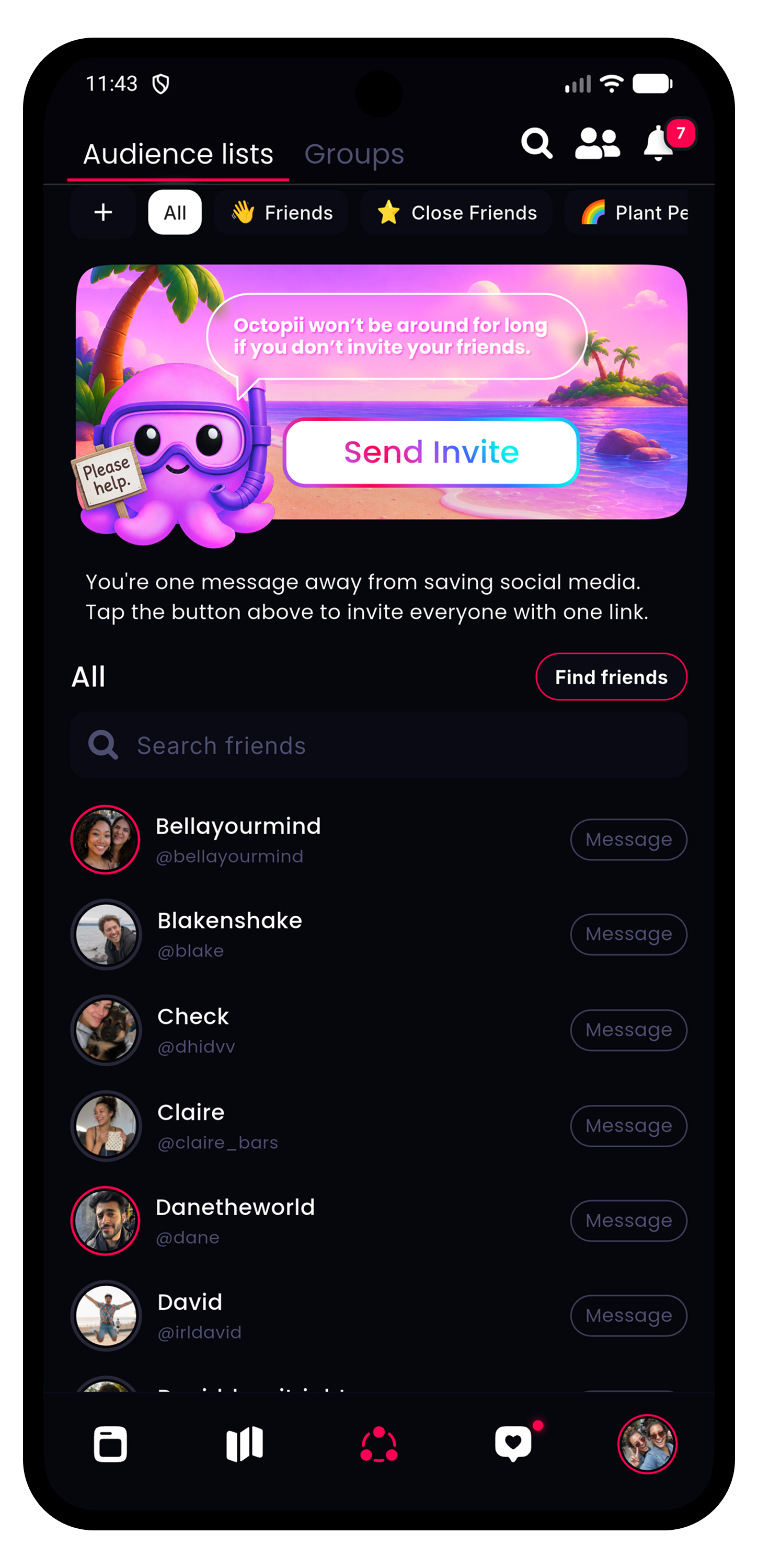 The Audience Lists section of the Friend Manager — front and center we have a banner to invite your friends, featuring Ollie, our mascot, with a cute CTA sign.

Note: I discovered a bug in Figma which imparts a color space deviation, resulting in ove