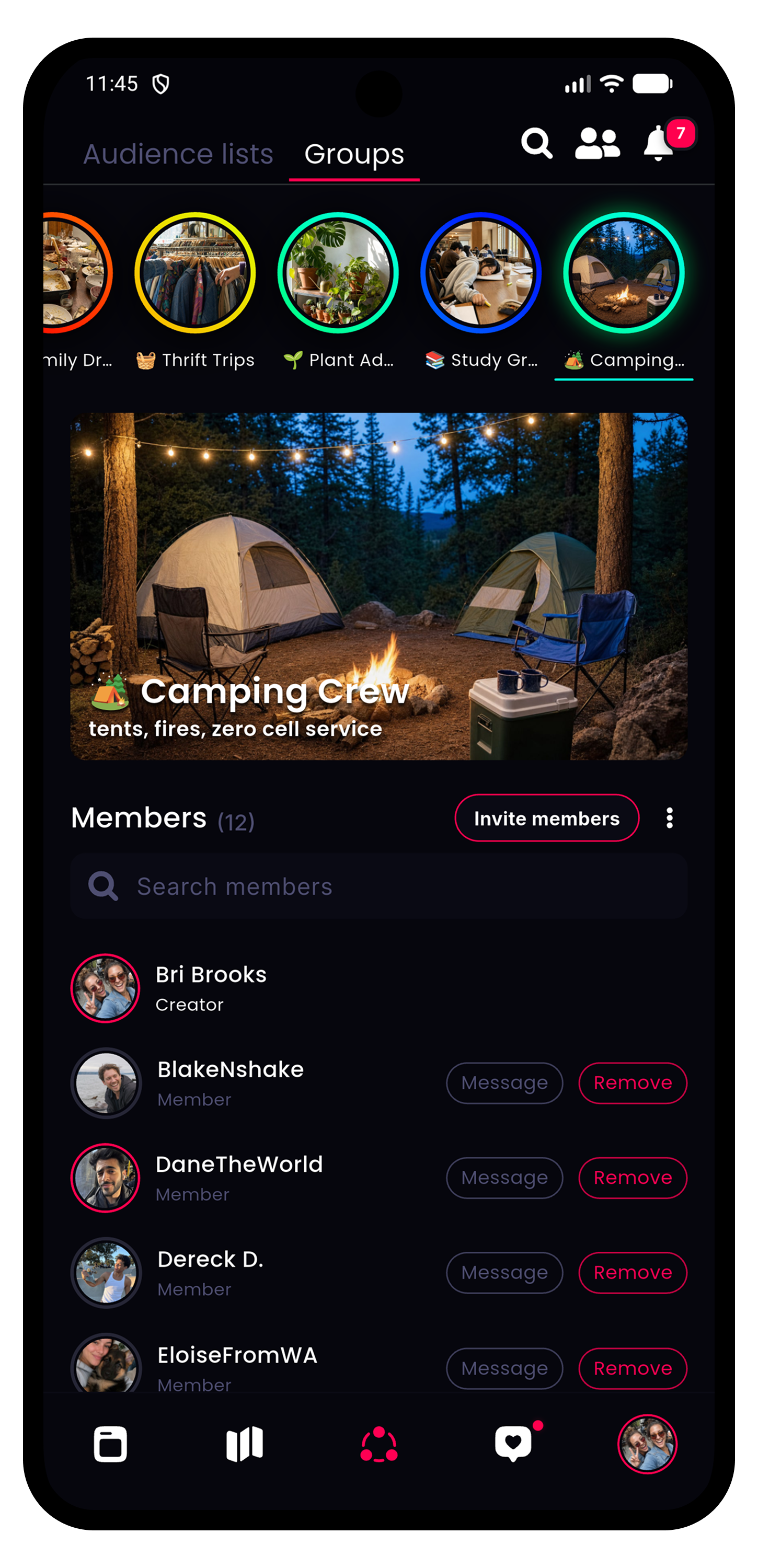 Friend Manager / Groups tab — Users can create and manage groups (custom banner/avatar, avatar color, description, invitation rules, members, etc.) as well as reaching out to group members via DM.