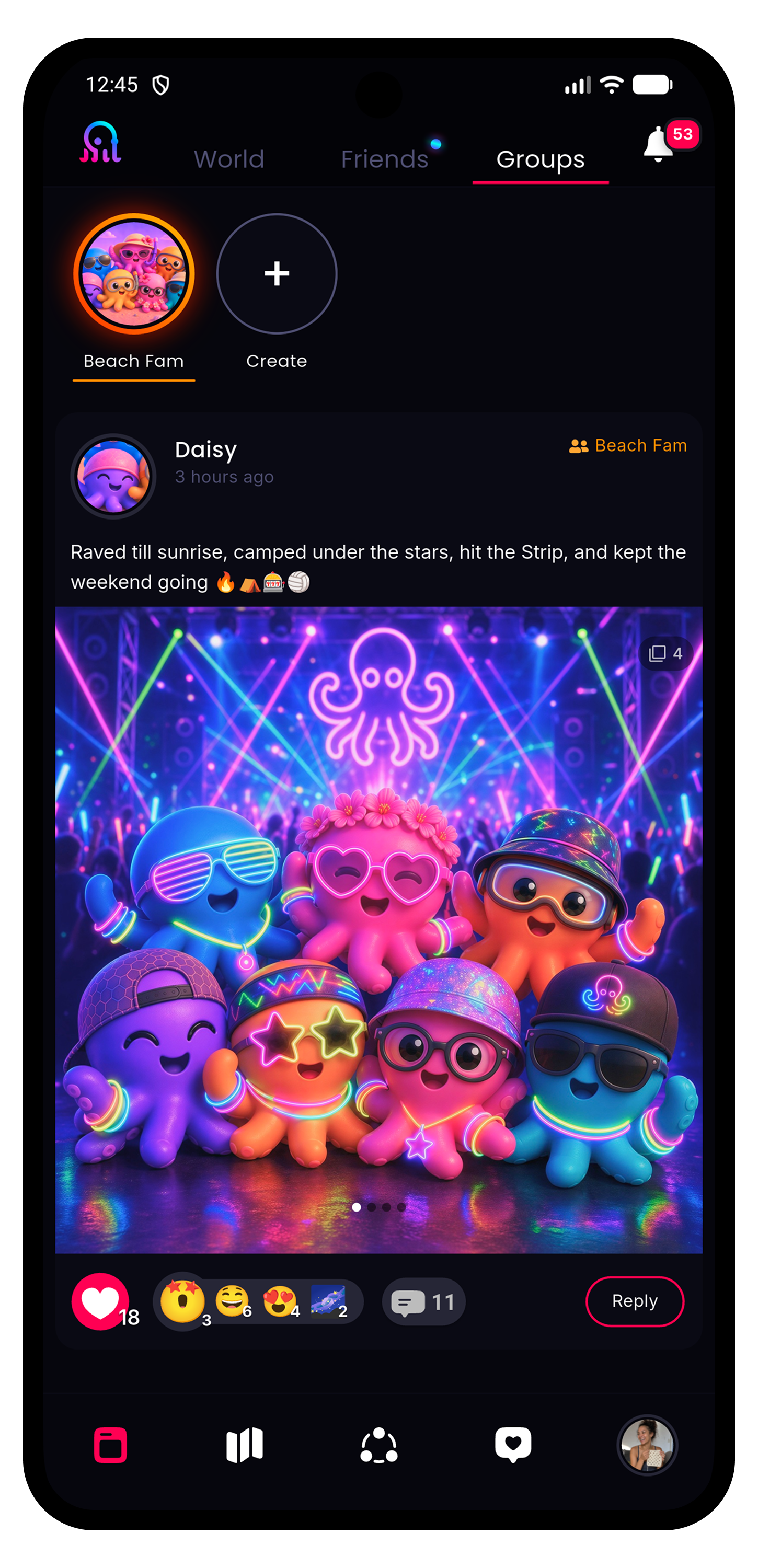 Upon navigating to the Groups Feed prior to joining or creating a group the user is met with a fun and playful example group — Beach Fam. Beneath the example post is text — "This is your Groups Feed! Tap below to get started." which takes them to the