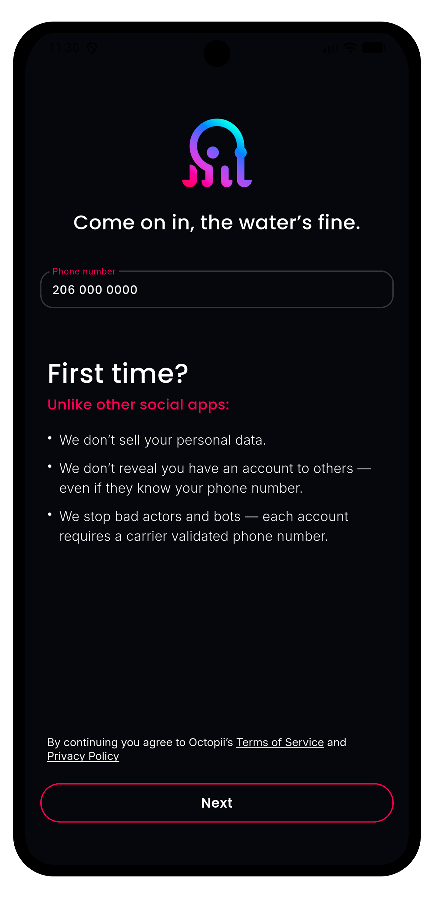 The Octopii Social login page — building trust with our new Octie as soon as they launch the app.