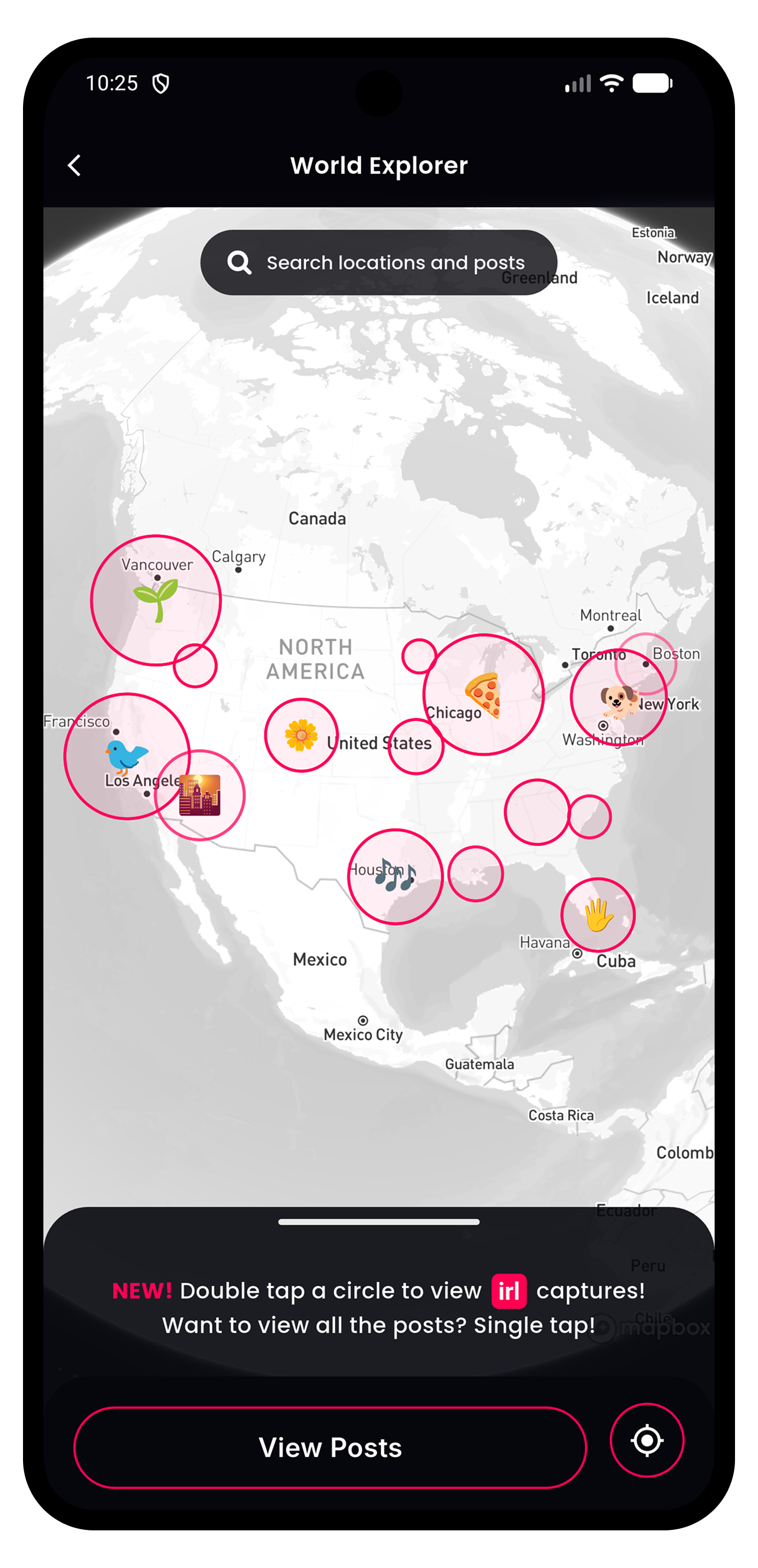 Octopii's Map Mode — The most recent posts are clustered based on distance and grow in size proportionately. The merging and unmerging was a real doozy — ensuring clusters don't overlap and create visual mayhem was particularly difficult. 

OpenAI em