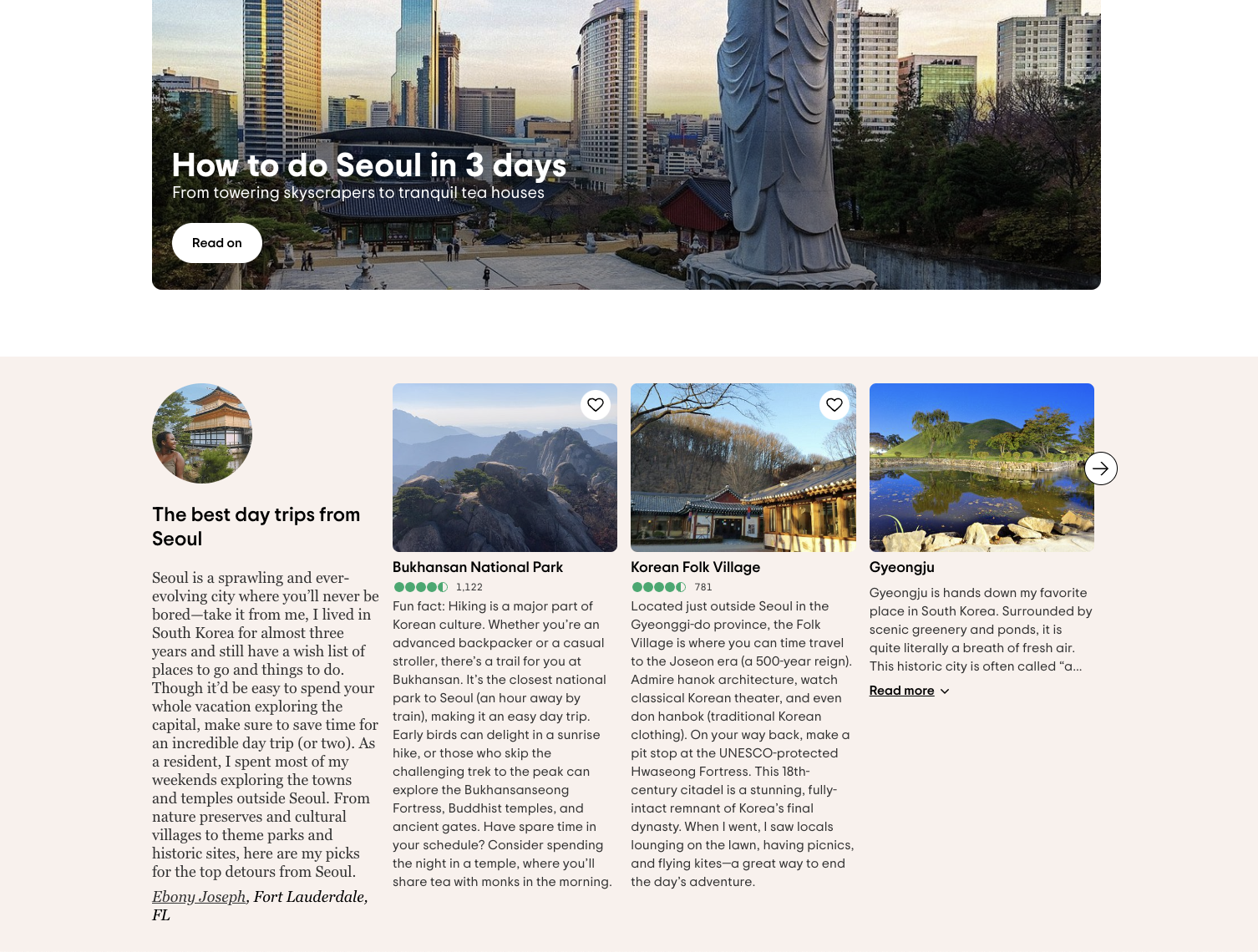 Content shelf explaining the best day trips from Seoul, Korea