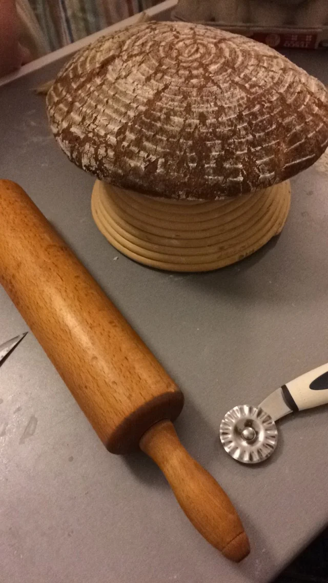 We let the dough rise in this basket which gave it the beautiful pattern on top! 