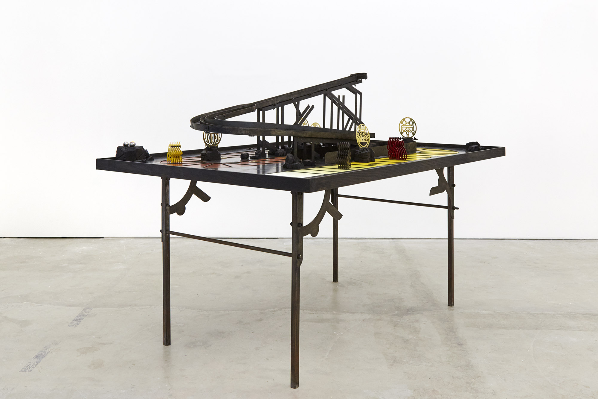 Last Man Standing (Gauntlet of the Guardians) Lasercut steel, ebonsied oak, lasercut brass, ballbearings, paint. 180 x 120 x 80cm, 2019