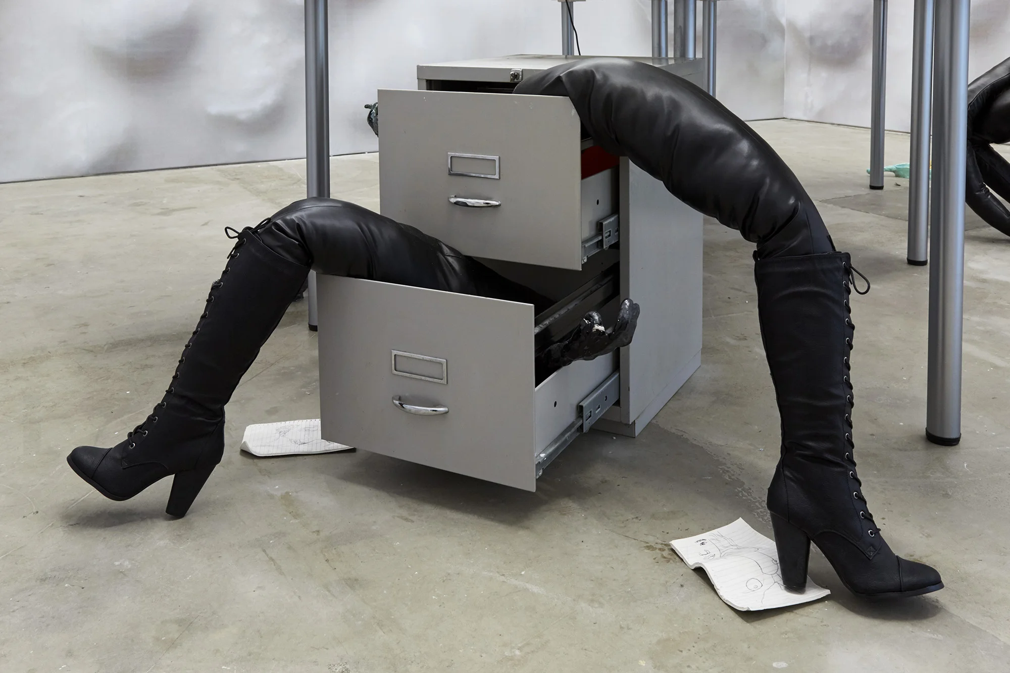 Untitled Leather, ceramic, filing cabinet Dimensions variable, 2019