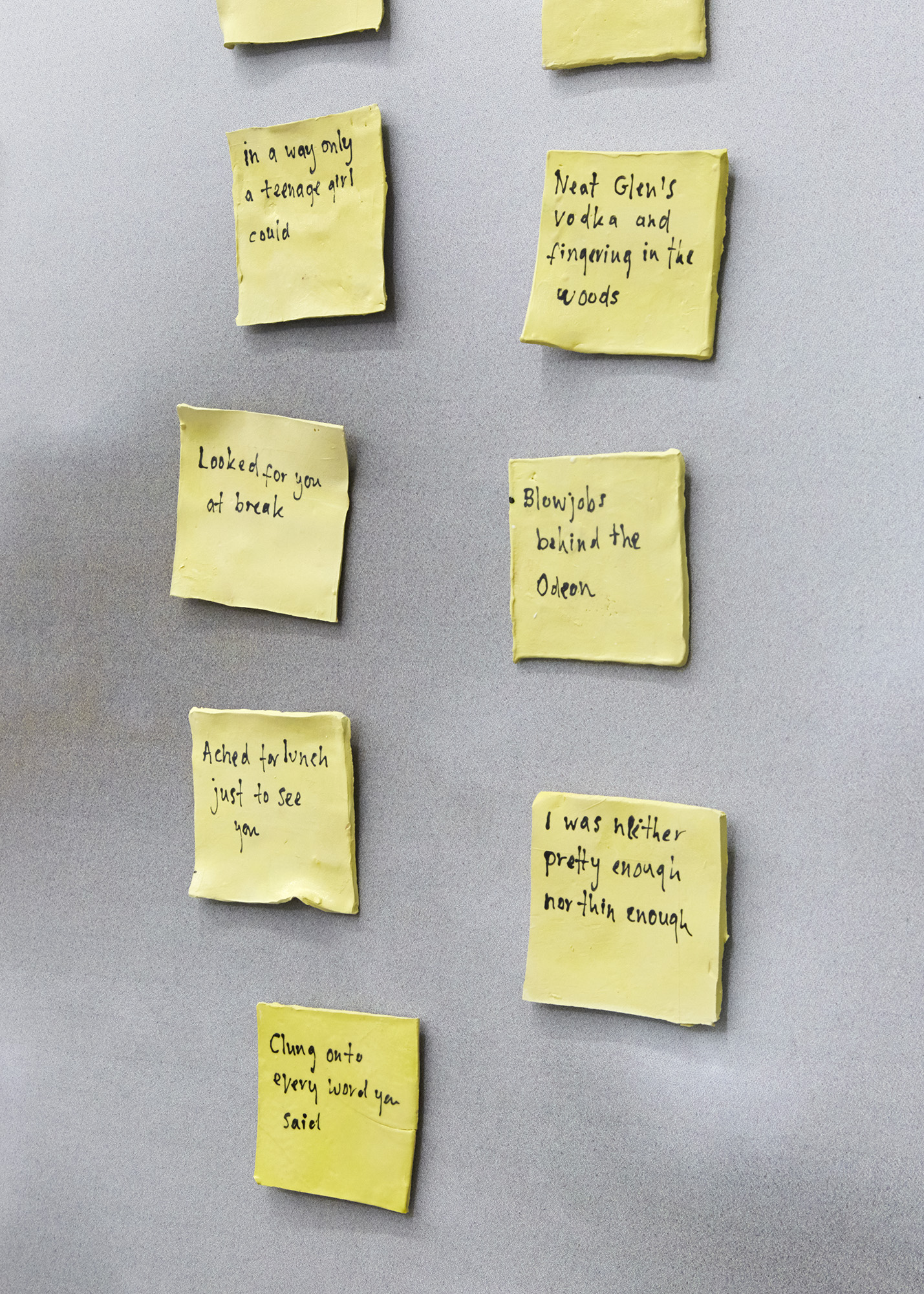You used to love that about me Glazed ceramic post-it notes Installation view