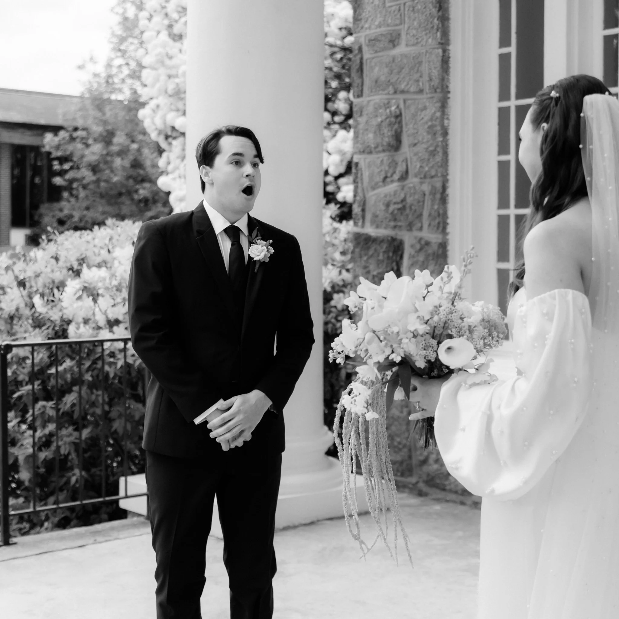 Anna &amp; Chandler | Greenville, SC

An acceptable reaction to seeing your bride for the first time.

&bull;&bull;&bull;
venue, florals, coordination, &amp; catering: @gassawaymansion
hair &amp; makeup: @southerncouturemakeup
gown: @watters
bar serv