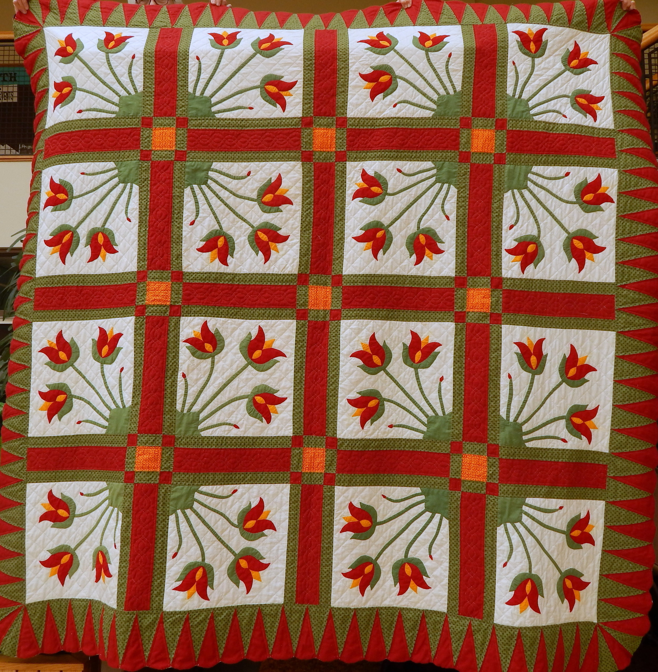 Variation on Carolina Lily, Antique Blocks Appliquéd between 1850-1875, Pieced, Hand Quilted, donated by Barbara Eloranta Dynes, 86 x 86”