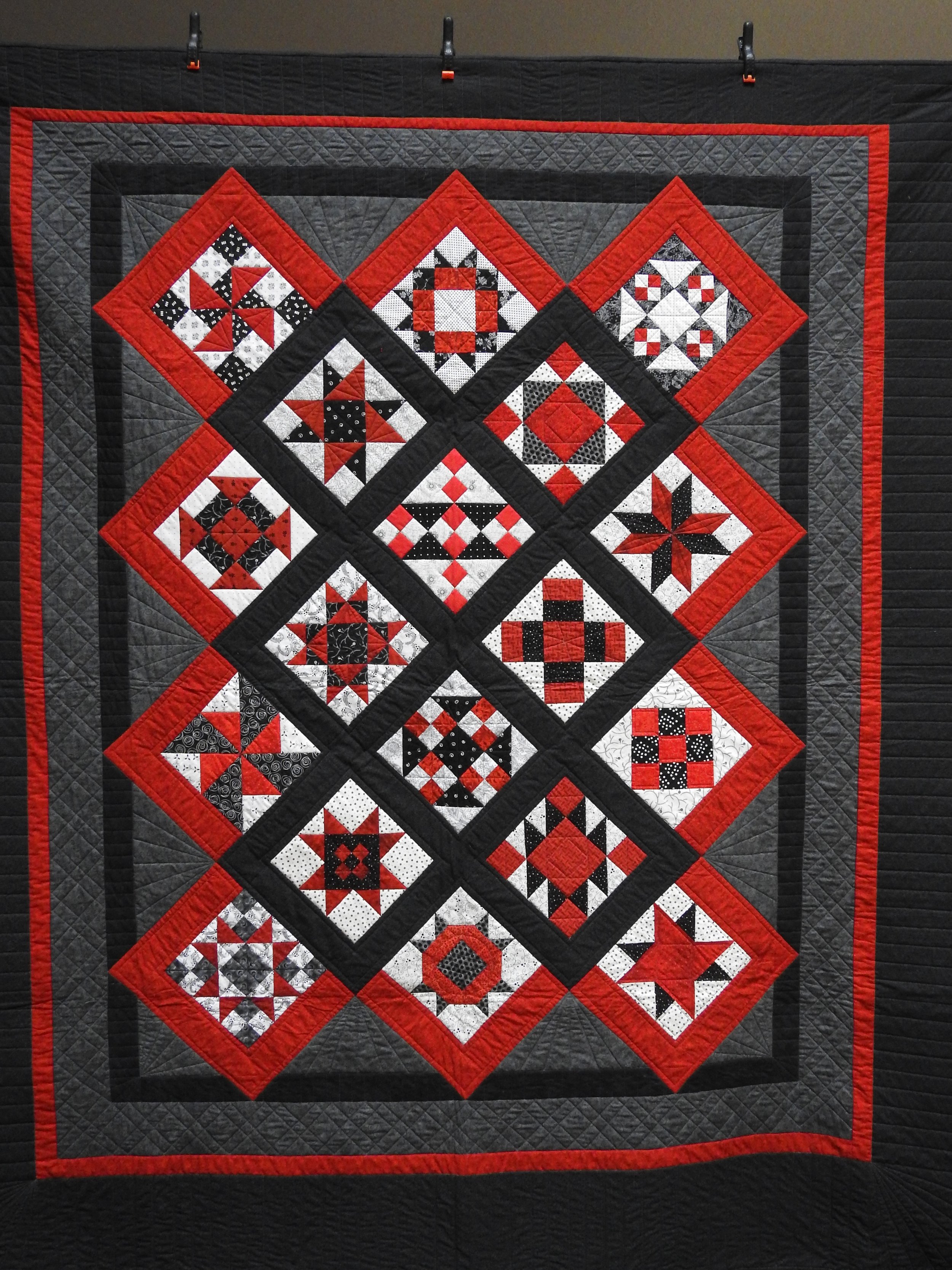  Sampler in Red &amp; Black, Pieced, Custom Machine Quilted, Anonymously donated, 86 x 92”