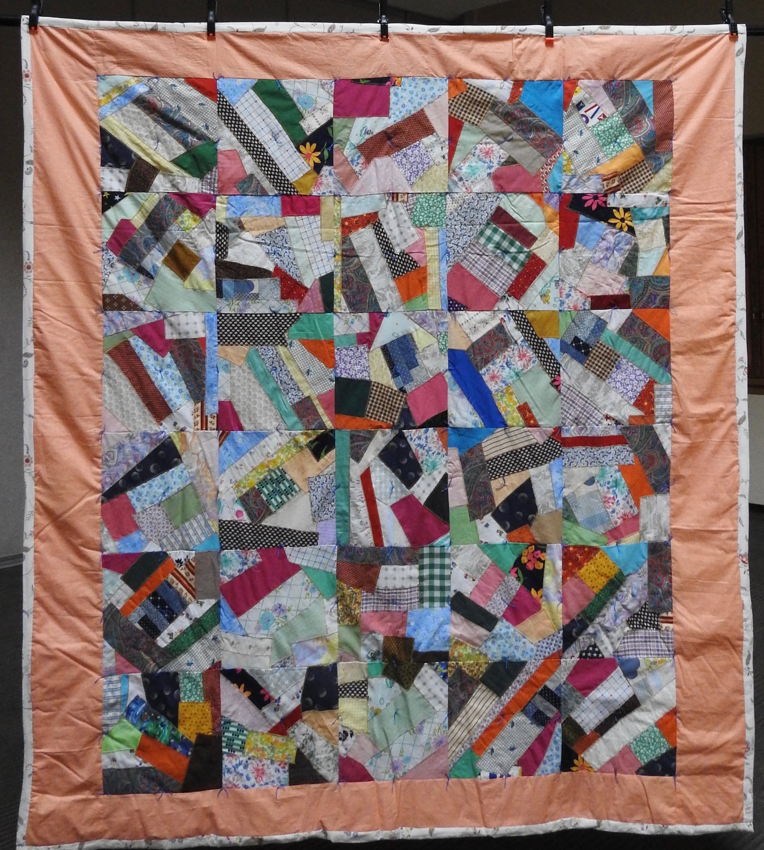 Crazy Blocks-Comforter, Pieced &amp; Knotted, Donated Anonymously, 68 x 70”