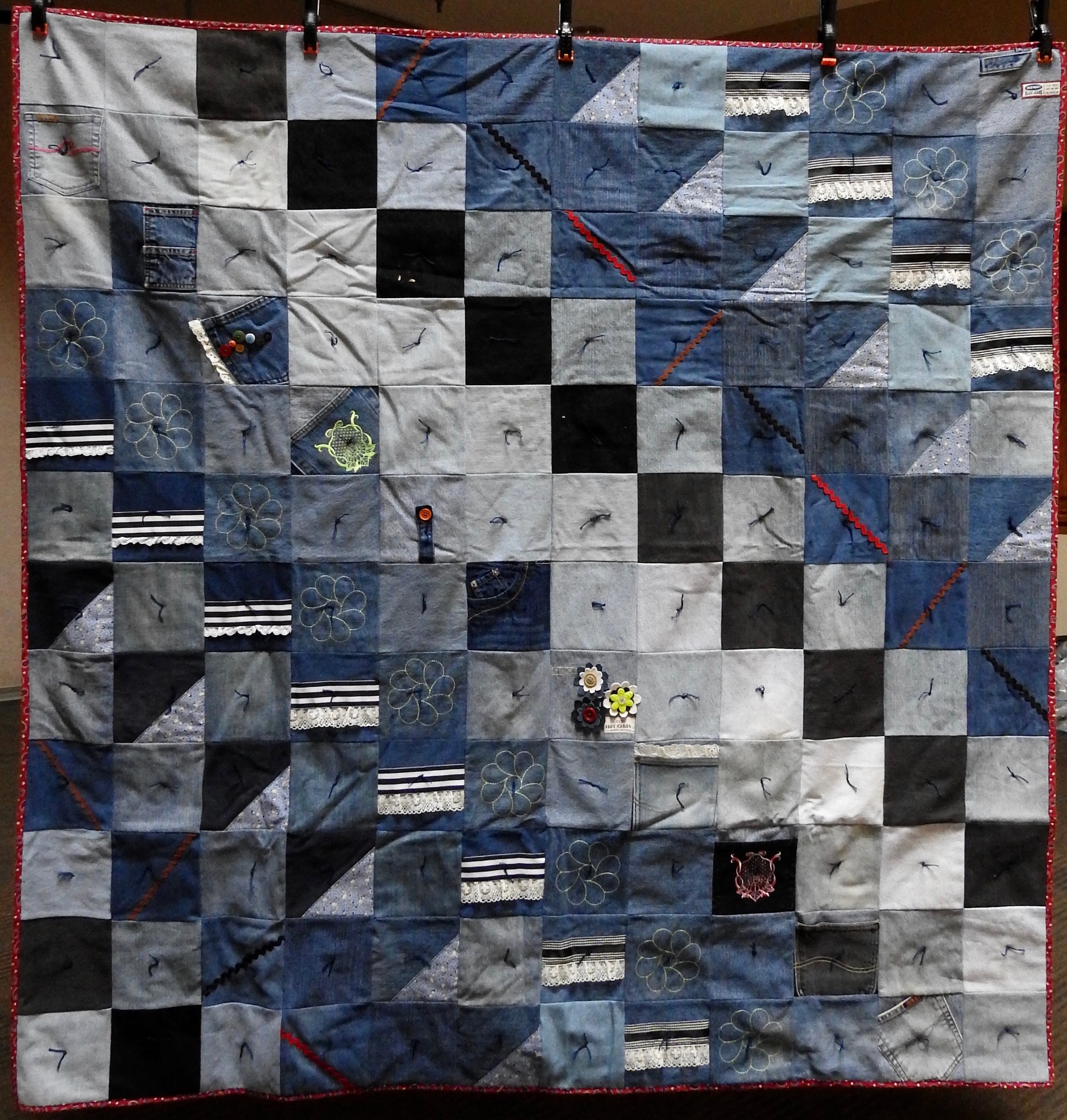 Embellished Denim Comforter, Pieced & Knotted, donated Anonymously, 66 x 67”
