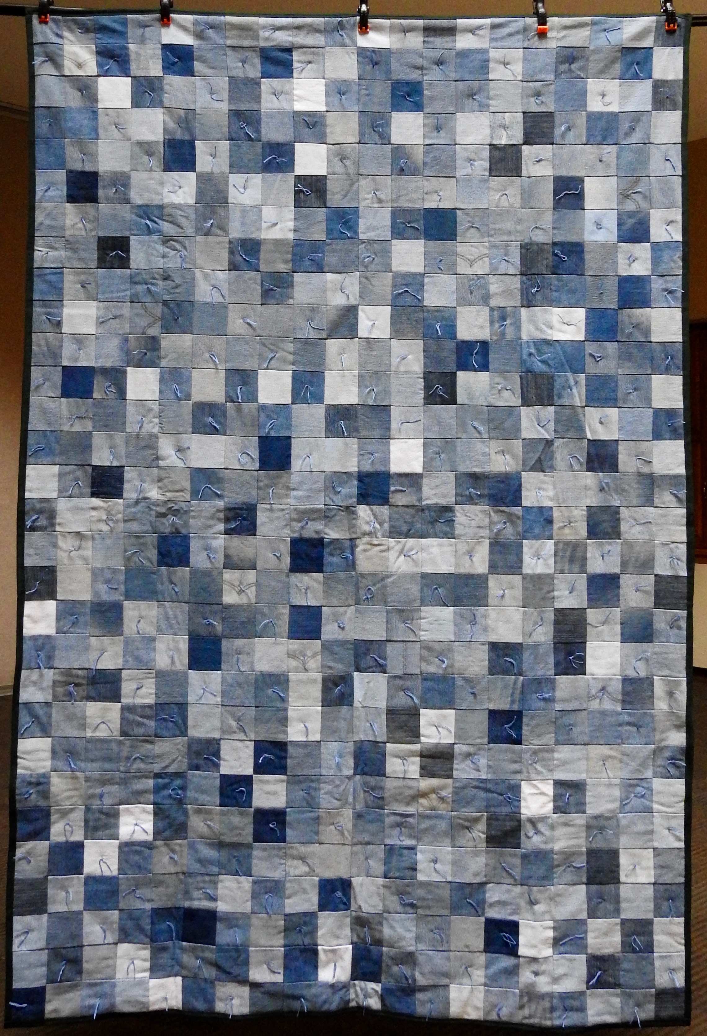 Three Inch Denim Squares—Comforter, Pieced &amp; Knotted, donated Anonymously, 66 x 86