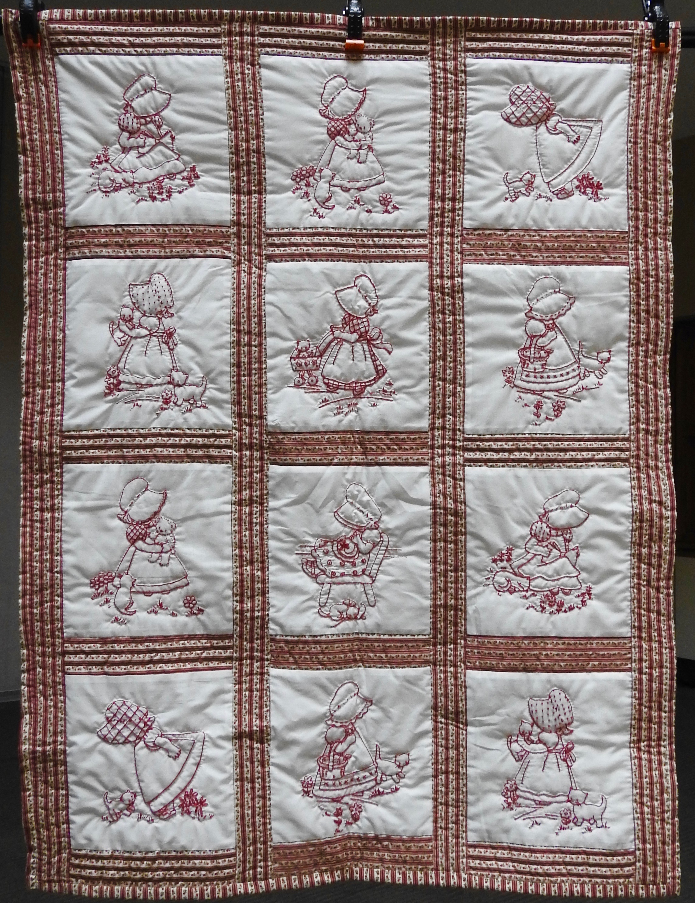 Sunbonnet Sue, Pieced &amp; Embroidered, Hand Quilted by Susie Schlabach, 34 x 44”