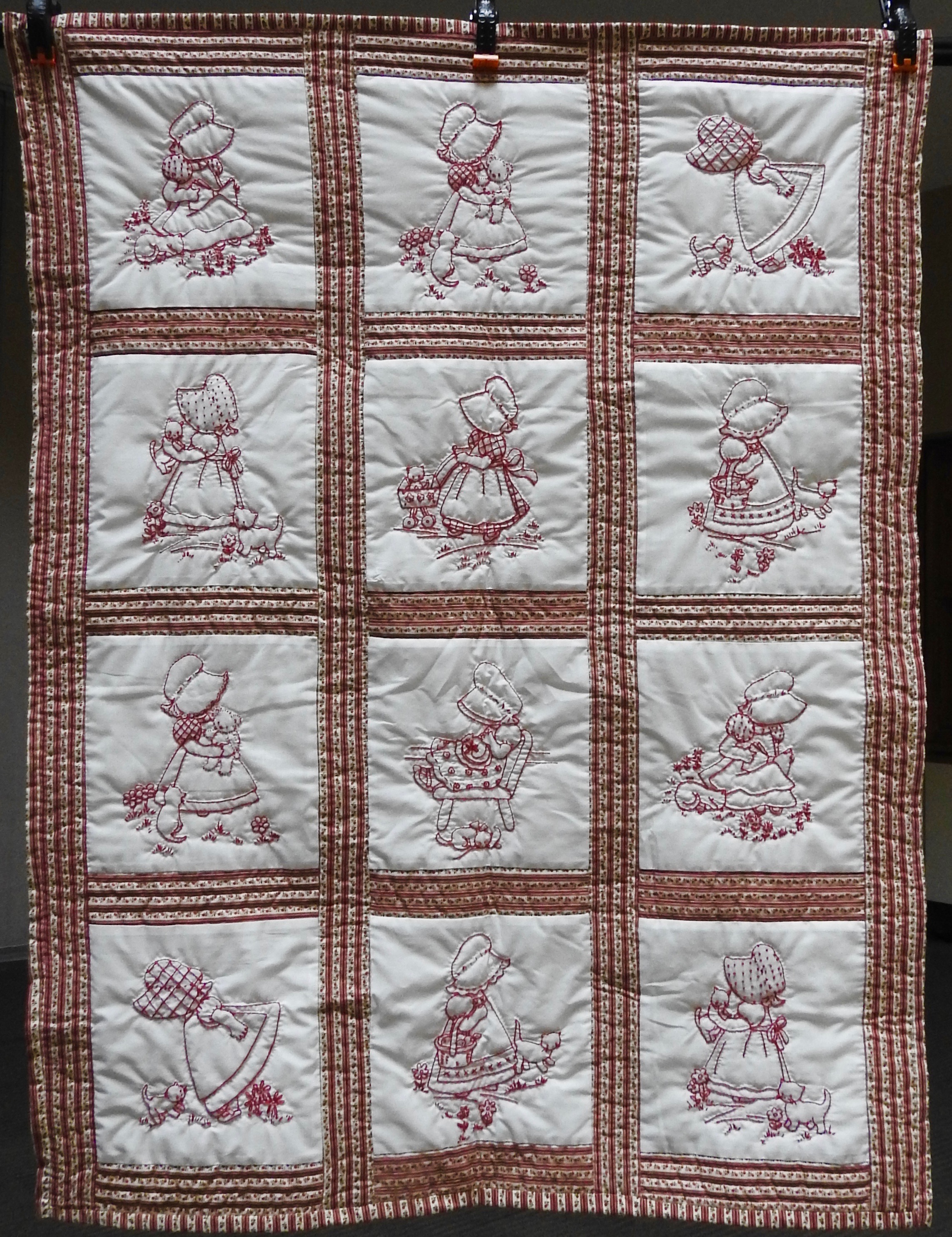 Sunbonnet Sue, Pieced & Embroidered, Hand Quilted by Susie Schlabach, 34 x 44”
