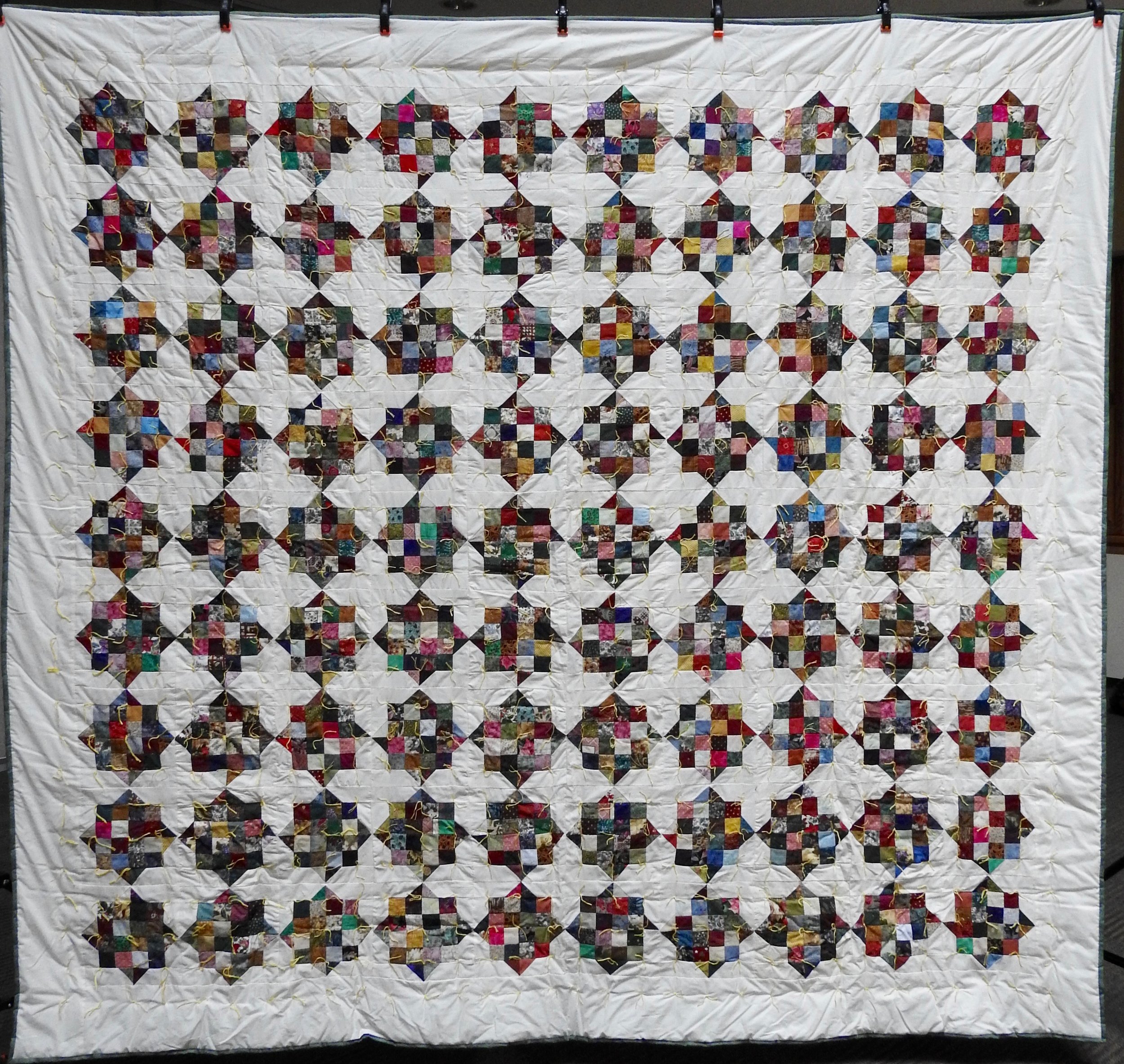 Sixteen Patch with Four Points Comforter, Pieced, Hand Knotted, Depot Quilt Room, 80 x 96”