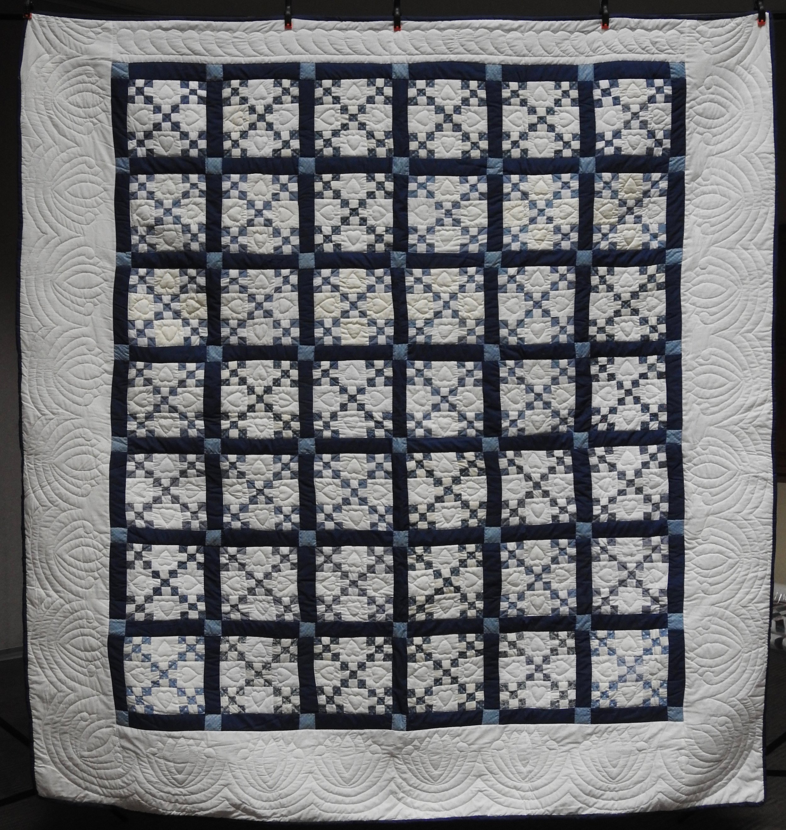 Double Nine Patch, Pieced, Hand Quilted, donated by Johanna Sutter, 93 x 97”