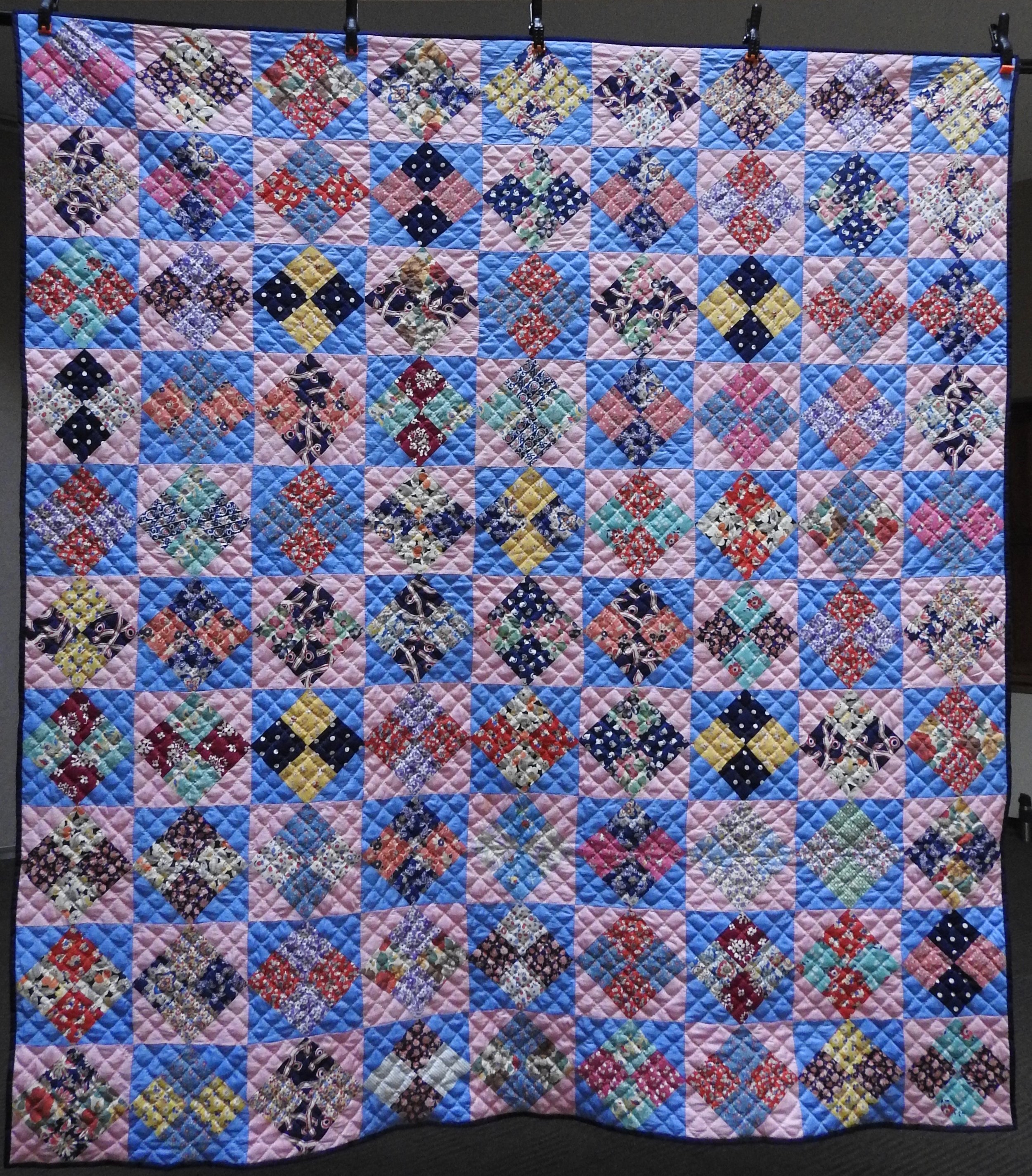 Vintage Four Patch on Point, Pieced of Vintage Fabrics, Hand Quilted by Evergreen Place Quilters, donated Anonymously, 68 x 88”