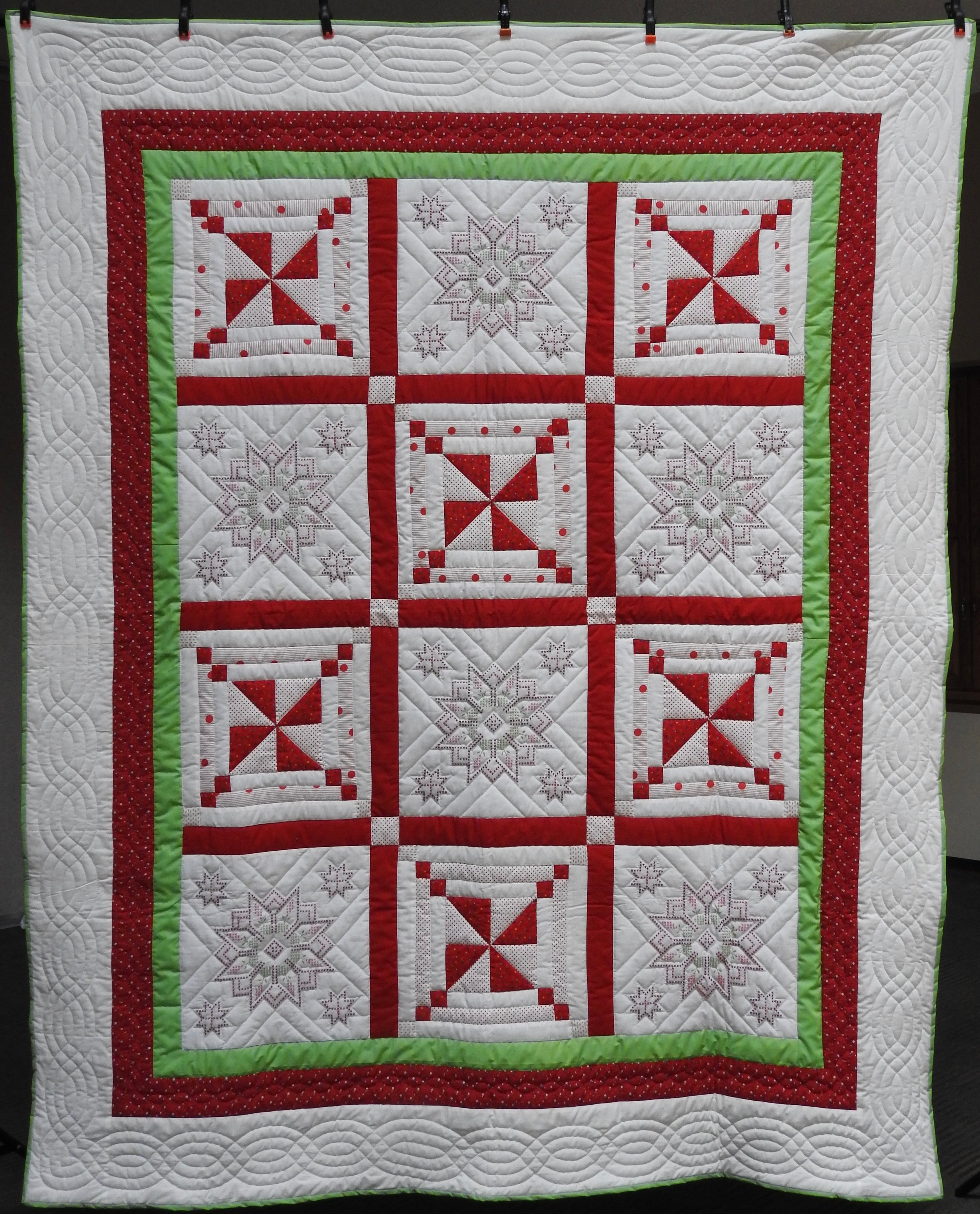  Stars &amp; Pinwheels, Pieced, Hand Embroidered, Hand Quilted, donated Anonymously, 78 x 96”